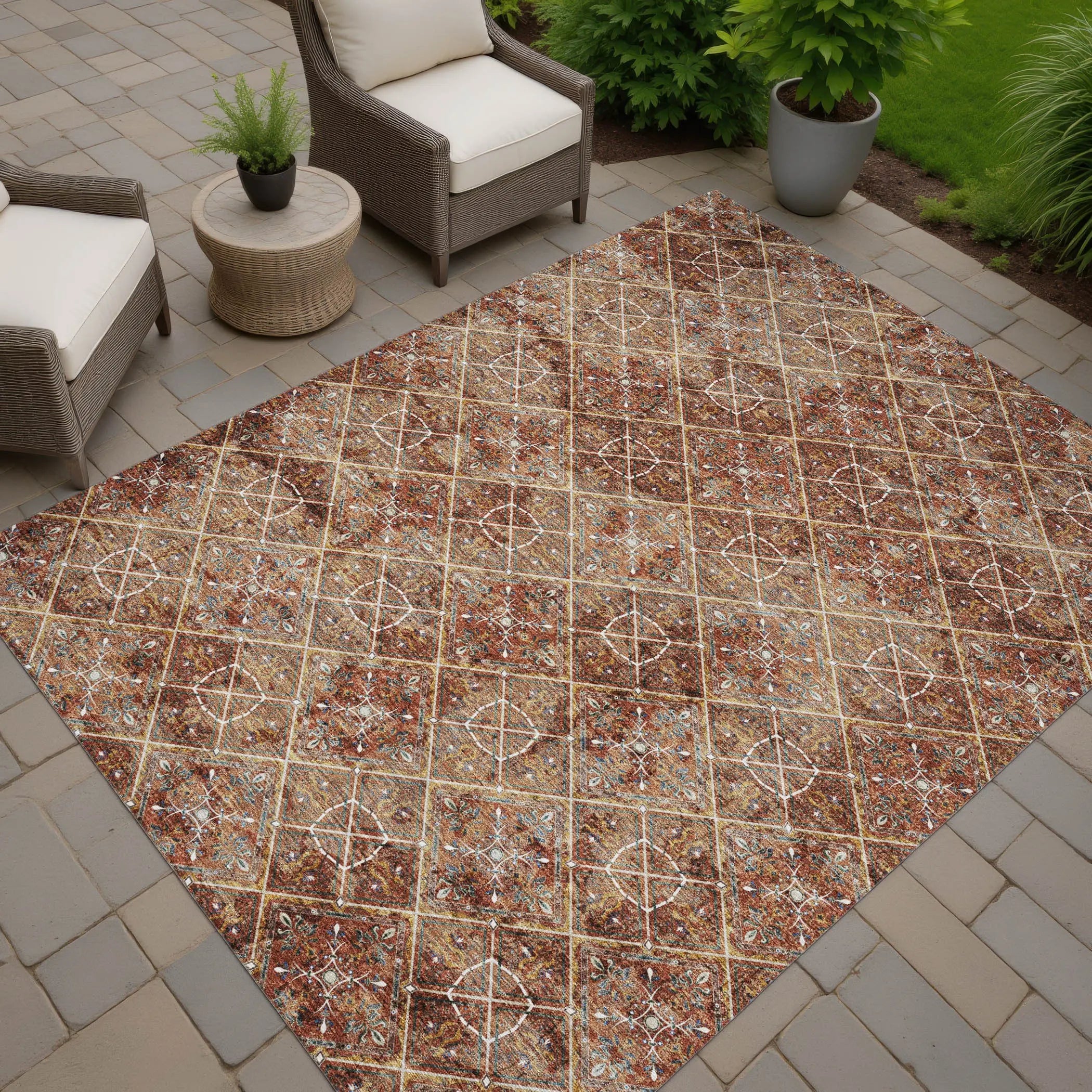 5' X 8' Orange And Khaki Geometric Washable Indoor Outdoor Area Rug Homeroots Outdoor