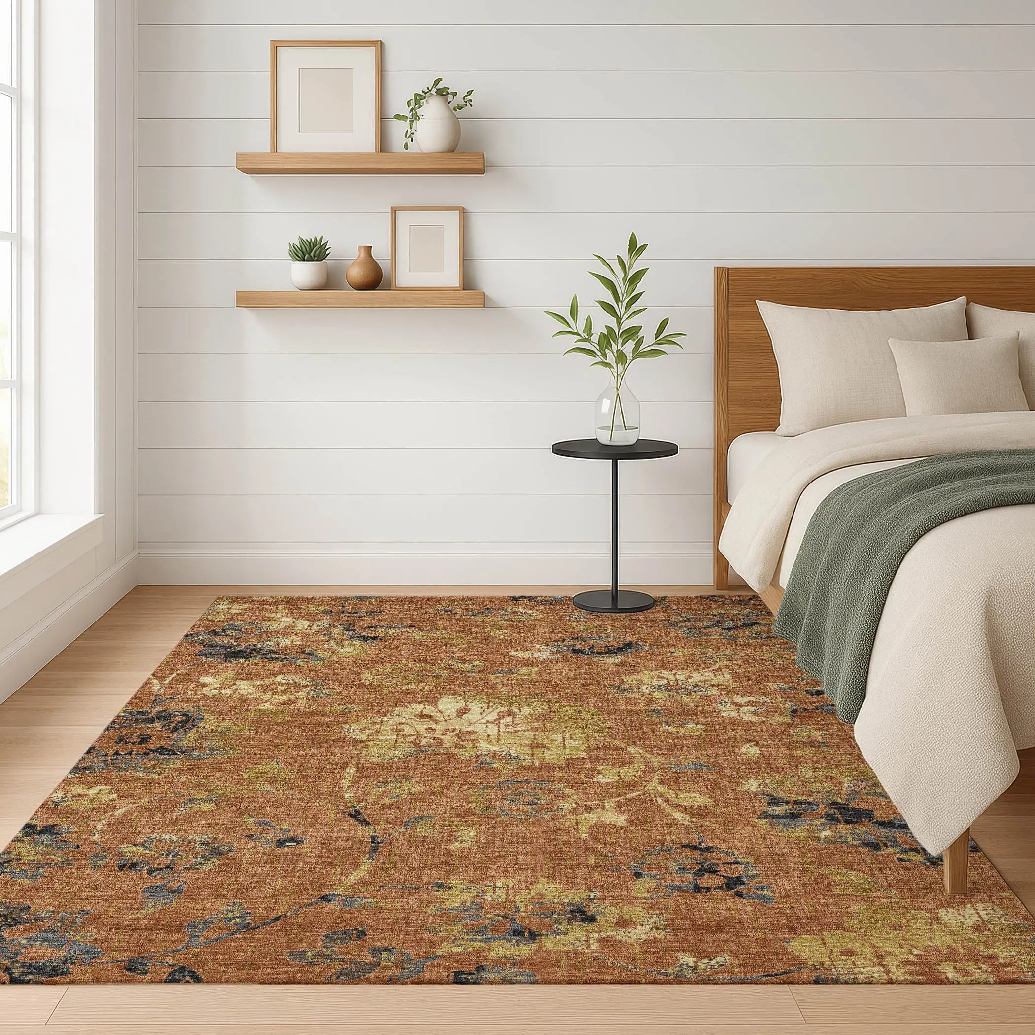 5' X 8' Orange And Rust Floral Washable Indoor Outdoor Area Rug Homeroots Outdoor