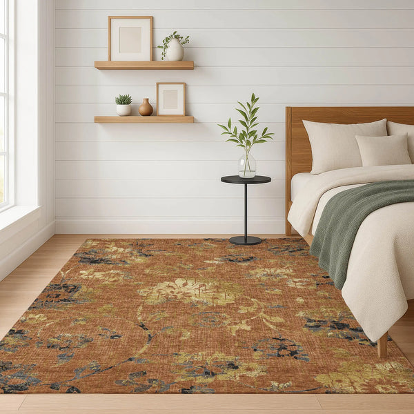 5' X 8' Orange And Rust Floral Washable Indoor Outdoor Area Rug Homeroots Outdoor