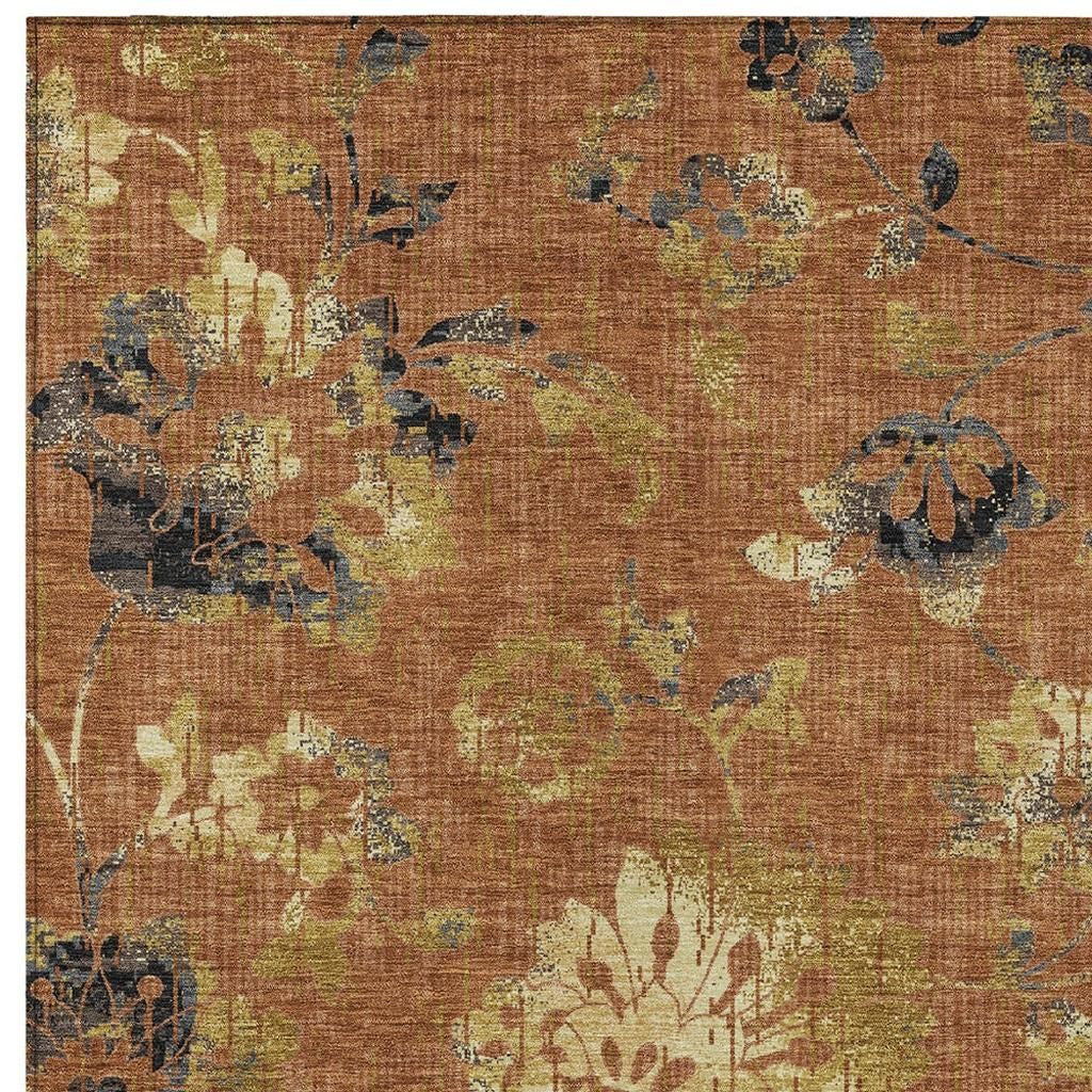 5' X 8' Orange And Rust Floral Washable Indoor Outdoor Area Rug Homeroots Outdoor