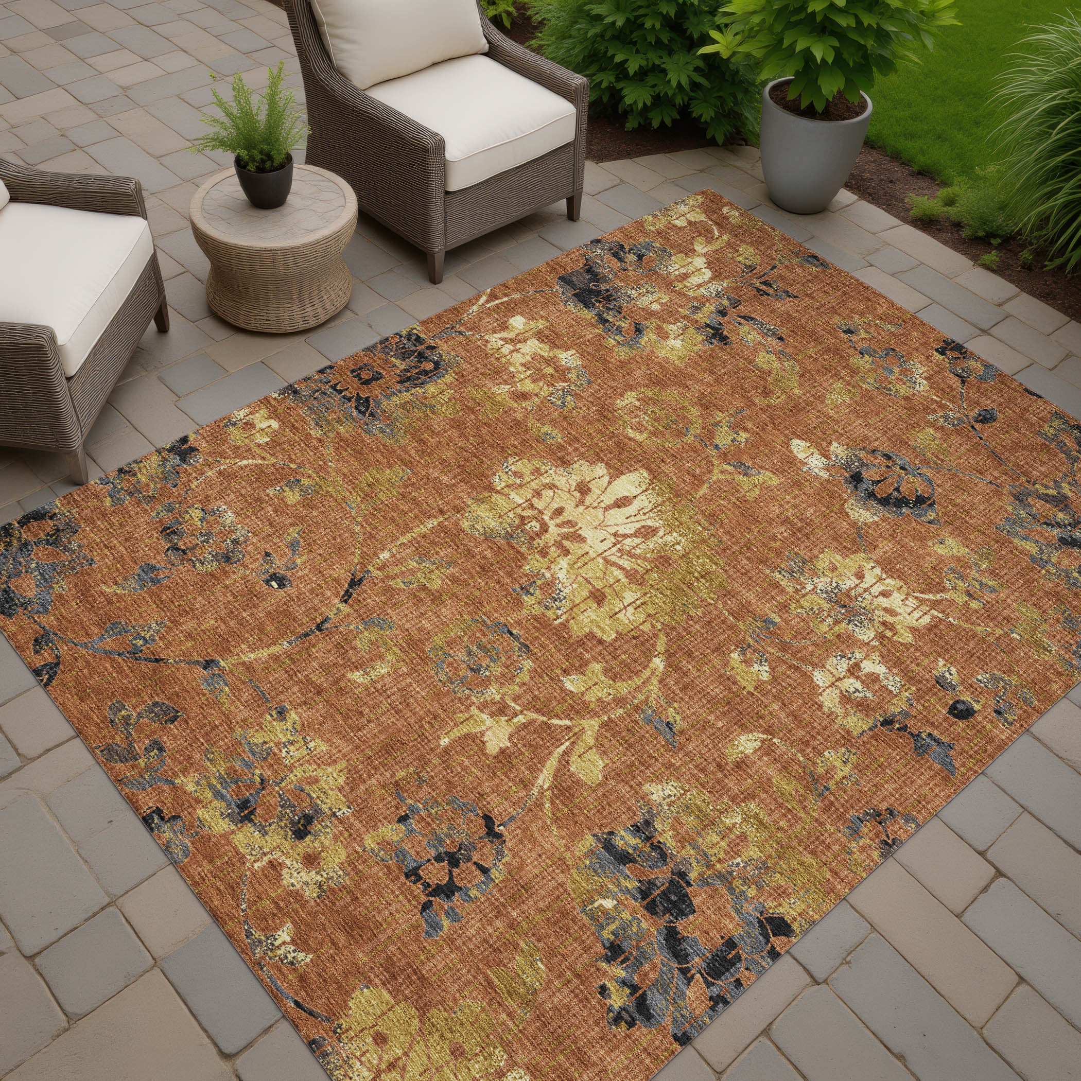 5' X 8' Orange And Rust Floral Washable Indoor Outdoor Area Rug Homeroots Outdoor