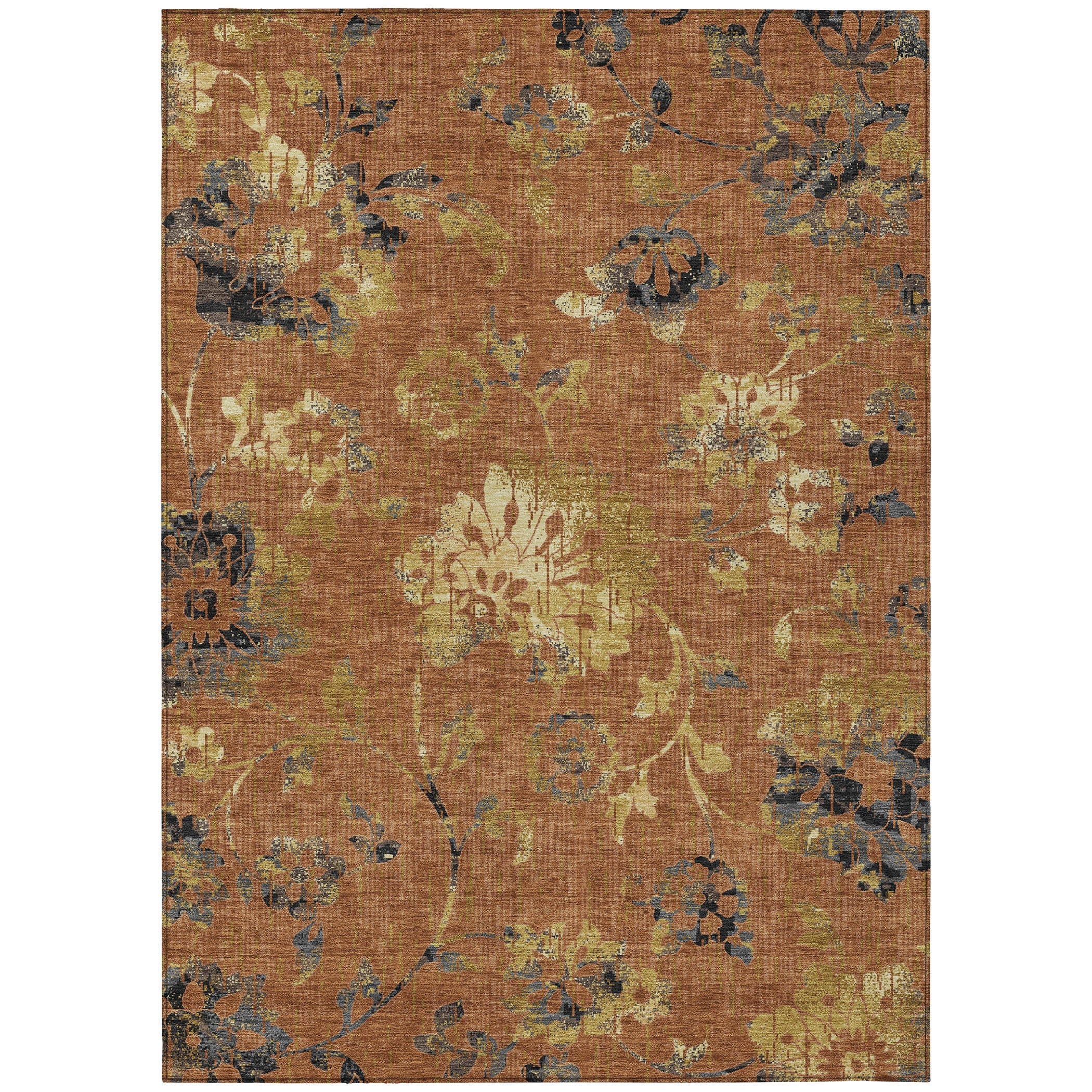 5' X 8' Orange And Rust Floral Washable Indoor Outdoor Area Rug Homeroots Outdoor