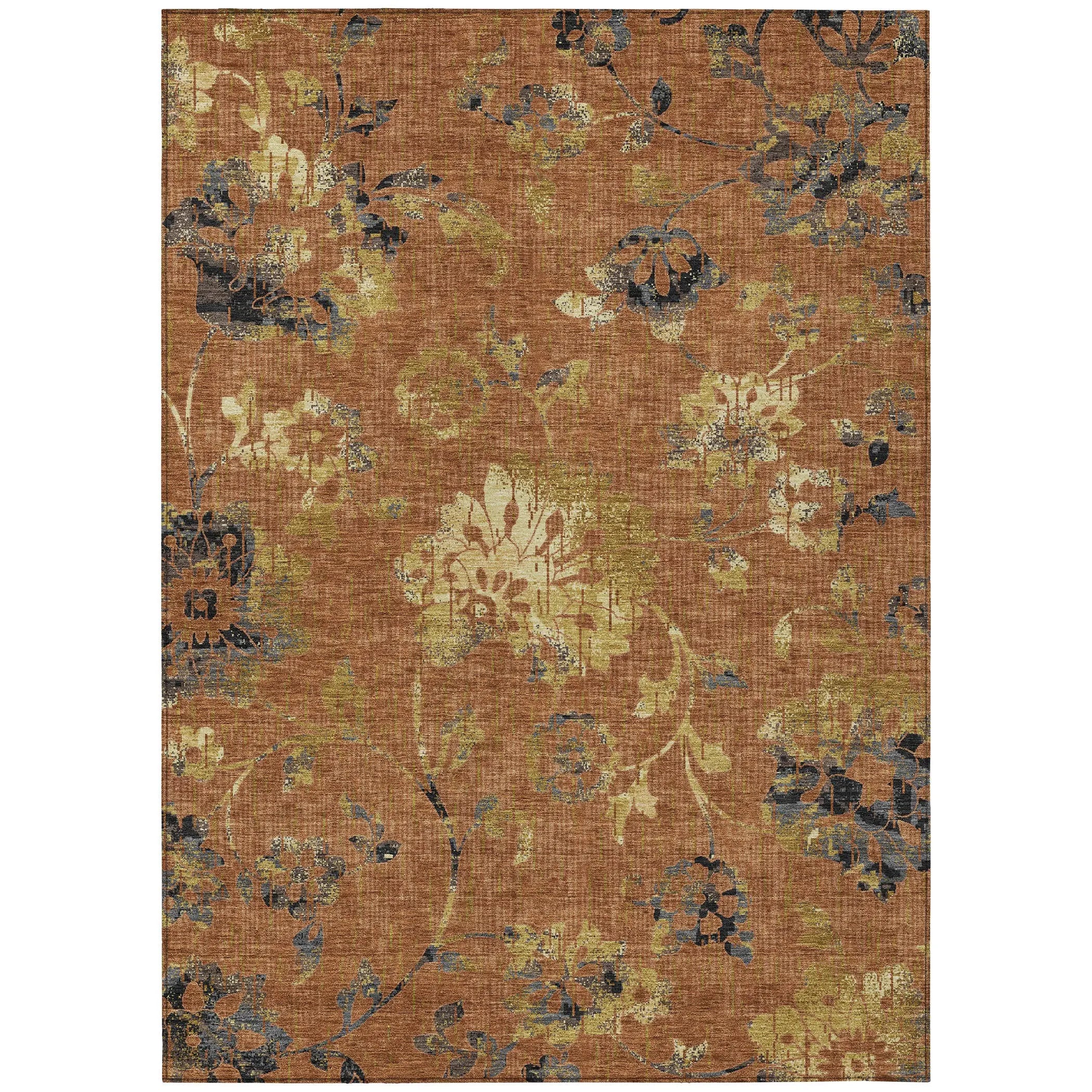 5' X 8' Orange And Rust Floral Washable Indoor Outdoor Area Rug Homeroots Outdoor