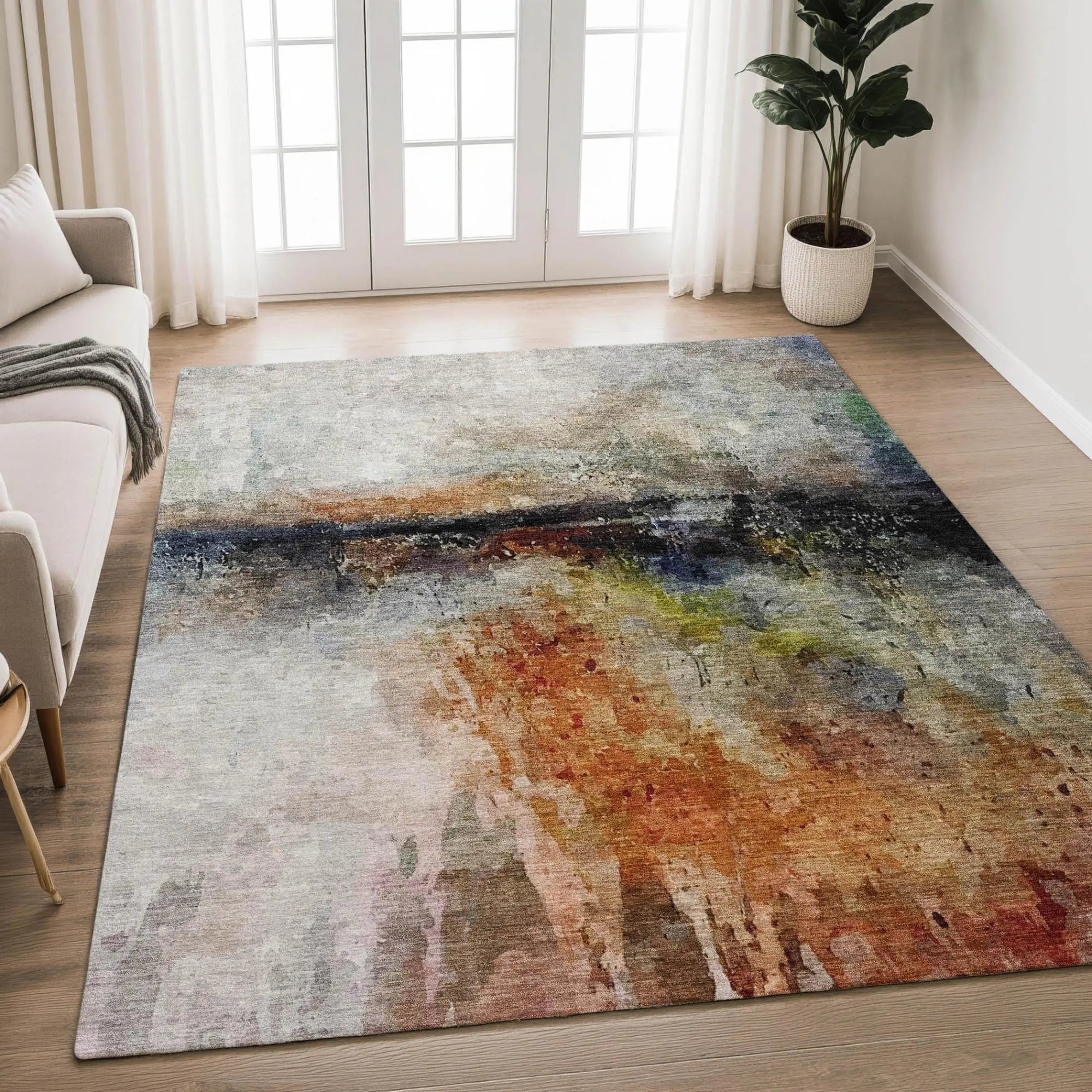 5' X 8' Orange And Silver Abstract Washable Indoor Outdoor Area Rug Homeroots Outdoor