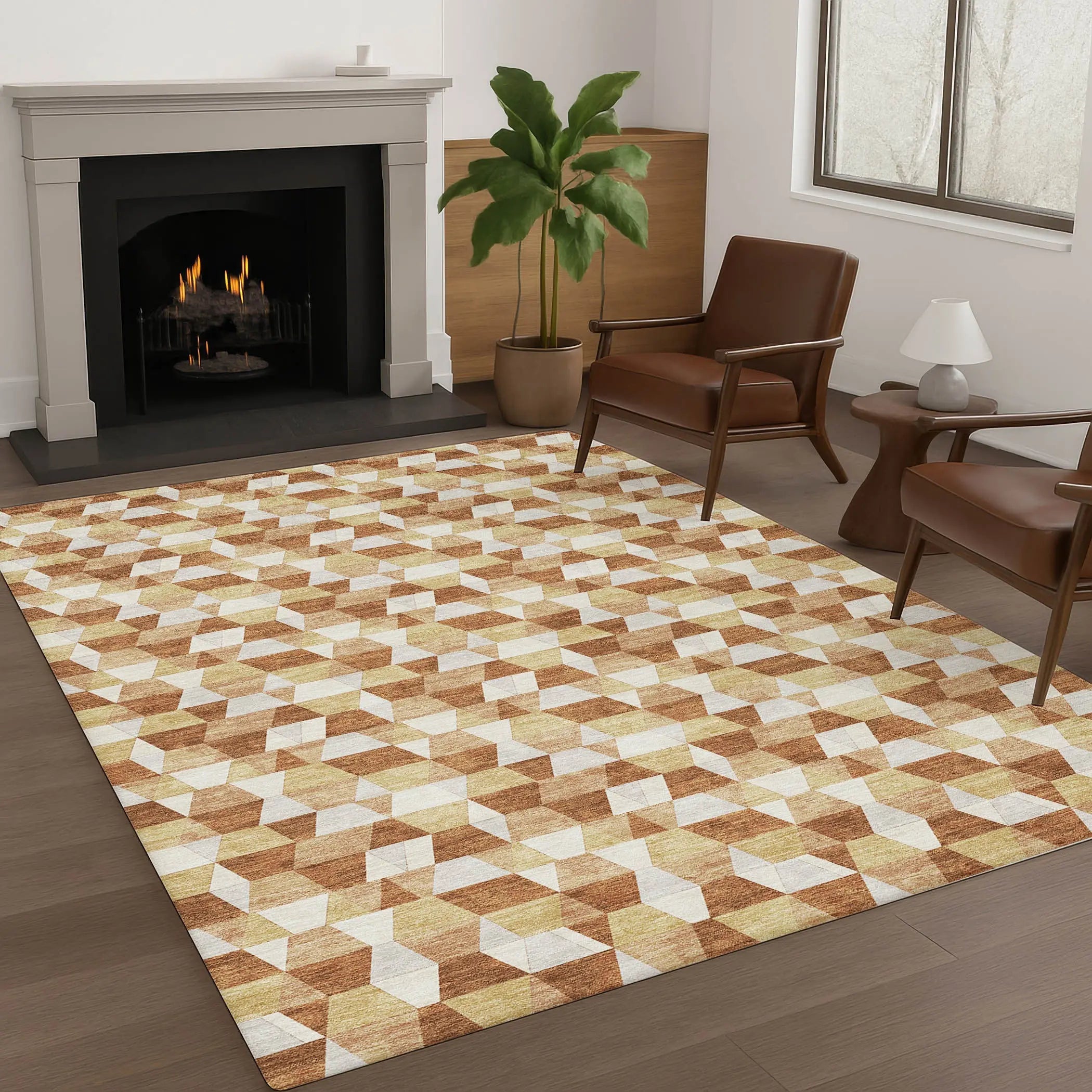 5' X 8' Orange And Silver Geometric Washable Indoor Outdoor Area Rug Homeroots Outdoor