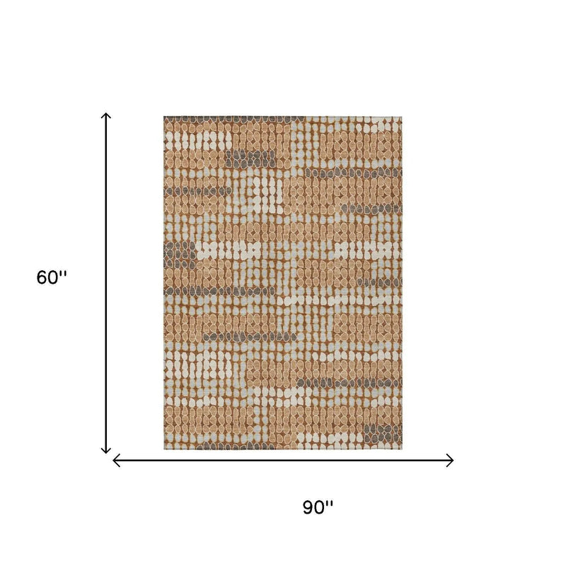 5' X 8' Orange And Silver Geometric Washable Indoor Outdoor Area Rug Homeroots Outdoor