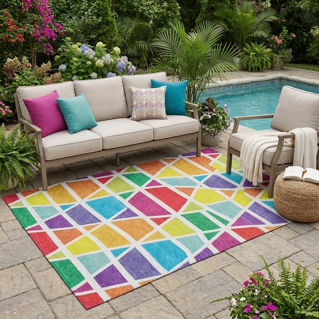 5' X 8' Orange And White Geometric Washable Indoor Outdoor Area Rug Homeroots Outdoor