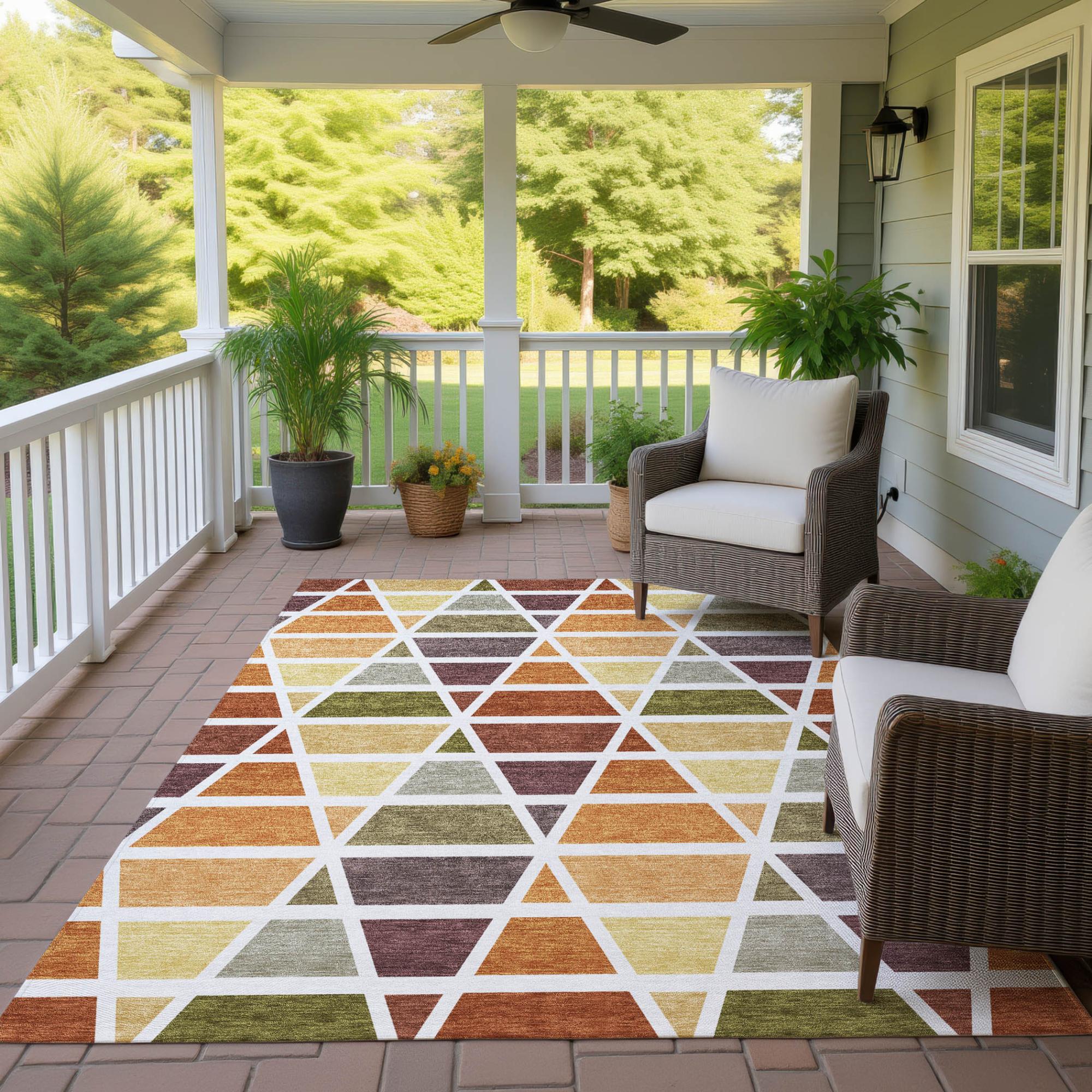 5' X 8' Orange And White Geometric Washable Indoor Outdoor Area Rug Homeroots Outdoor
