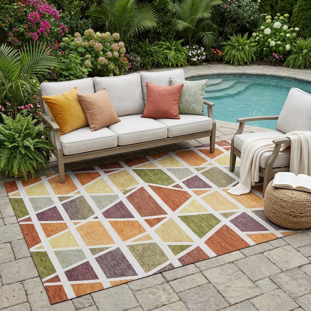5' X 8' Orange And White Geometric Washable Indoor Outdoor Area Rug Homeroots Outdoor