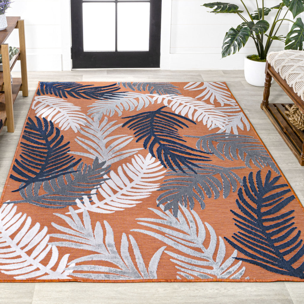 5' X 8' Orange Navy Blue And Ivory Floral Indoor Outdoor Area Rug - GreatEagleInc