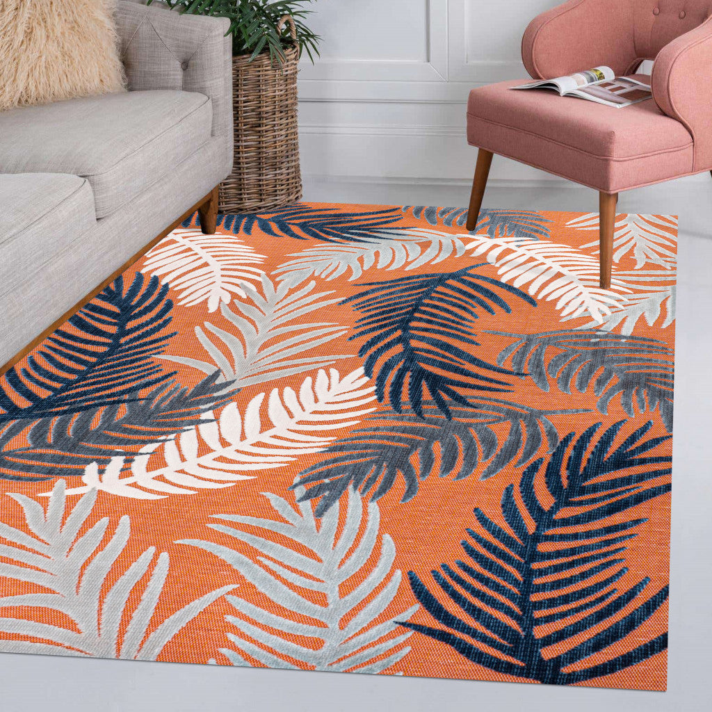 5' X 8' Orange Navy Blue And Ivory Floral Indoor Outdoor Area Rug - GreatEagleInc