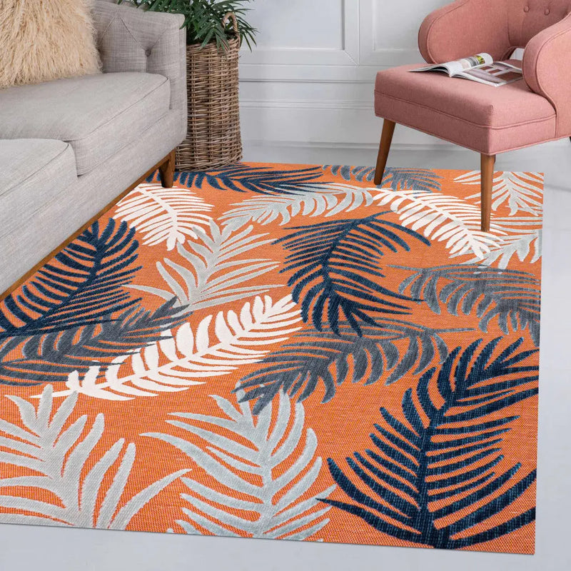 5' X 8' Orange Navy Blue And Ivory Floral Indoor Outdoor Area Rug - GreatEagleInc