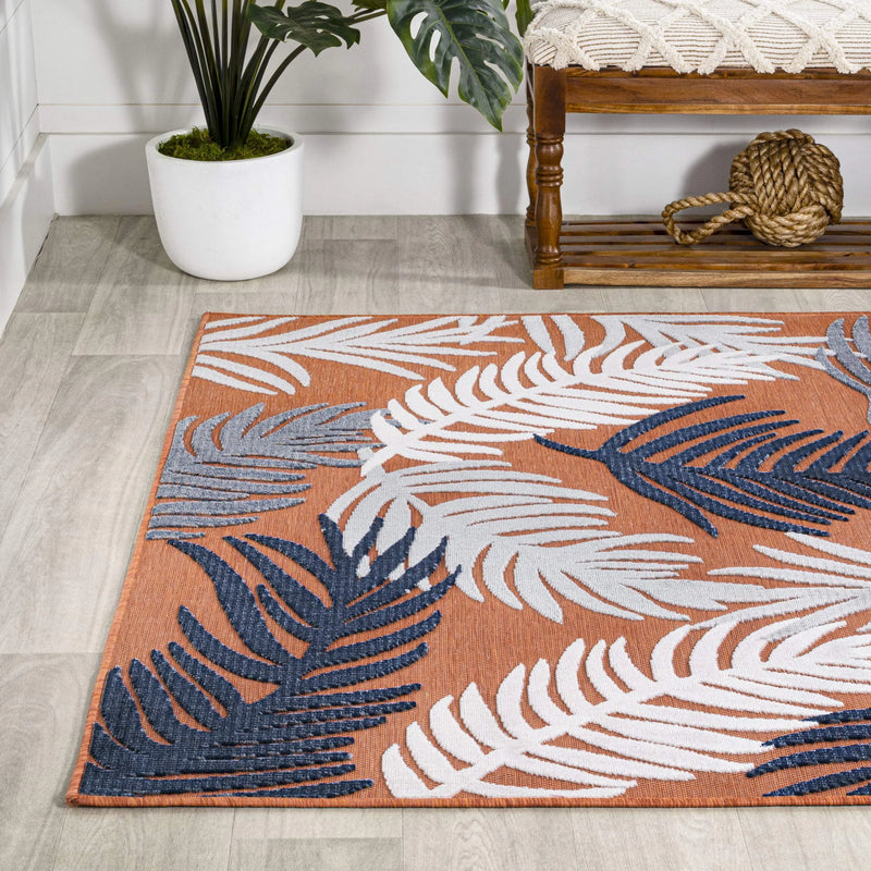 5' X 8' Orange Navy Blue And Ivory Floral Indoor Outdoor Area Rug - GreatEagleInc