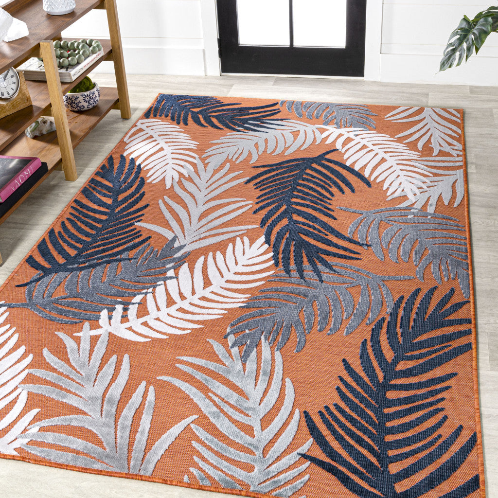 5' X 8' Orange Navy Blue And Ivory Floral Indoor Outdoor Area Rug - GreatEagleInc