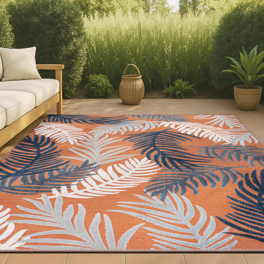 5' X 8' Orange Navy Blue And Ivory Floral Indoor Outdoor Area Rug - GreatEagleInc