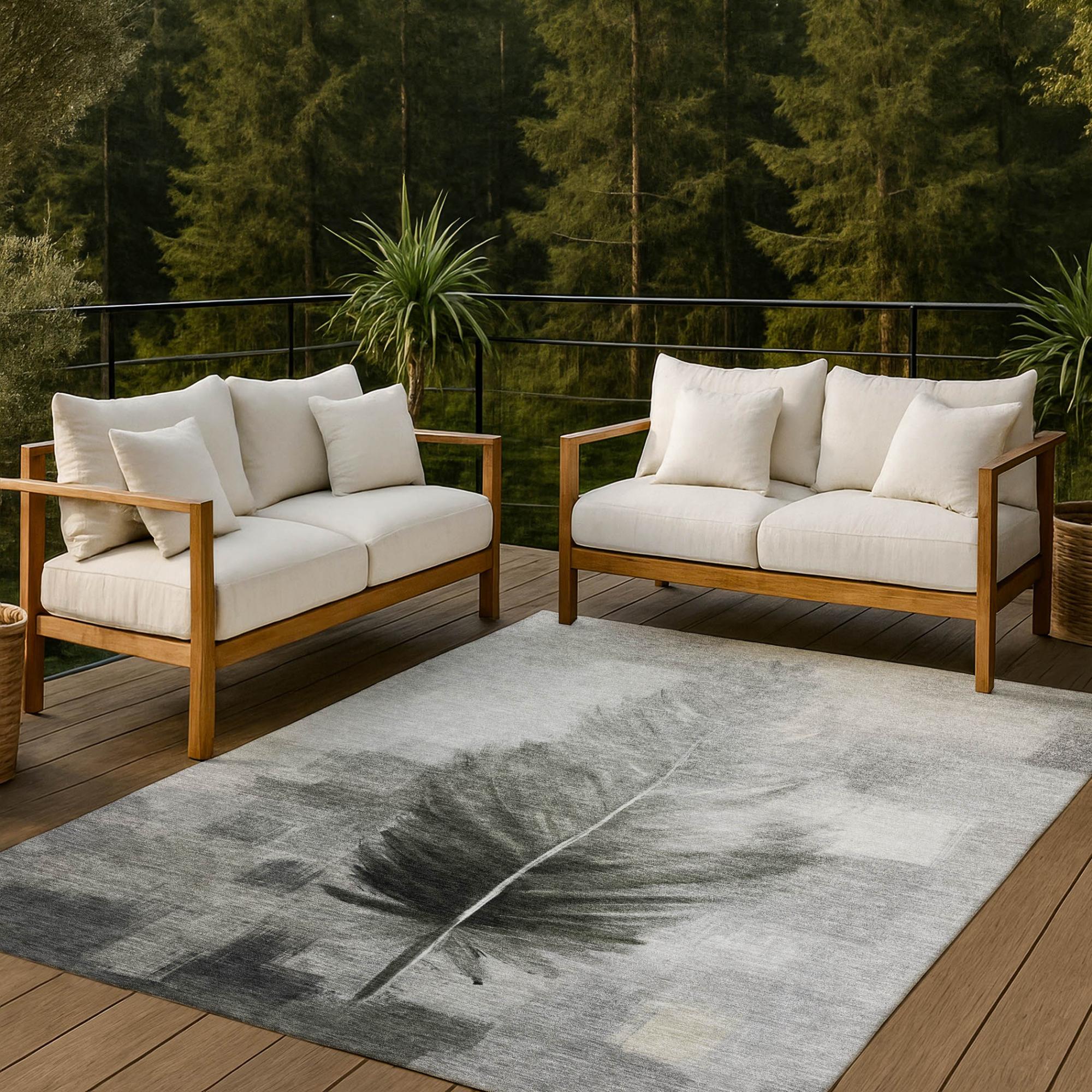 5' X 8' Pewter And Gray Botanical Leaves Washable Indoor Outdoor Area Rug Homeroots Outdoor