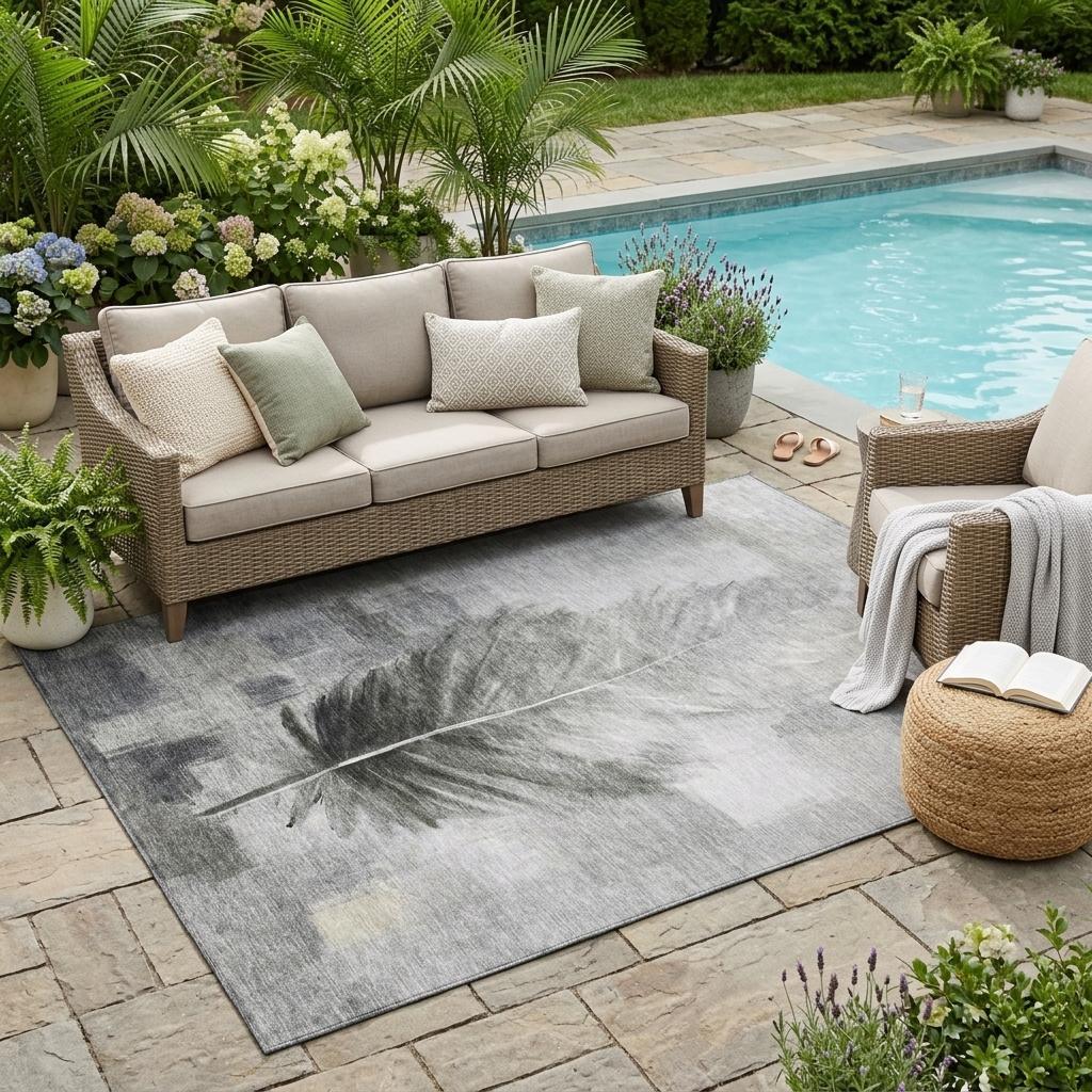 5' X 8' Pewter And Gray Botanical Leaves Washable Indoor Outdoor Area Rug Homeroots Outdoor