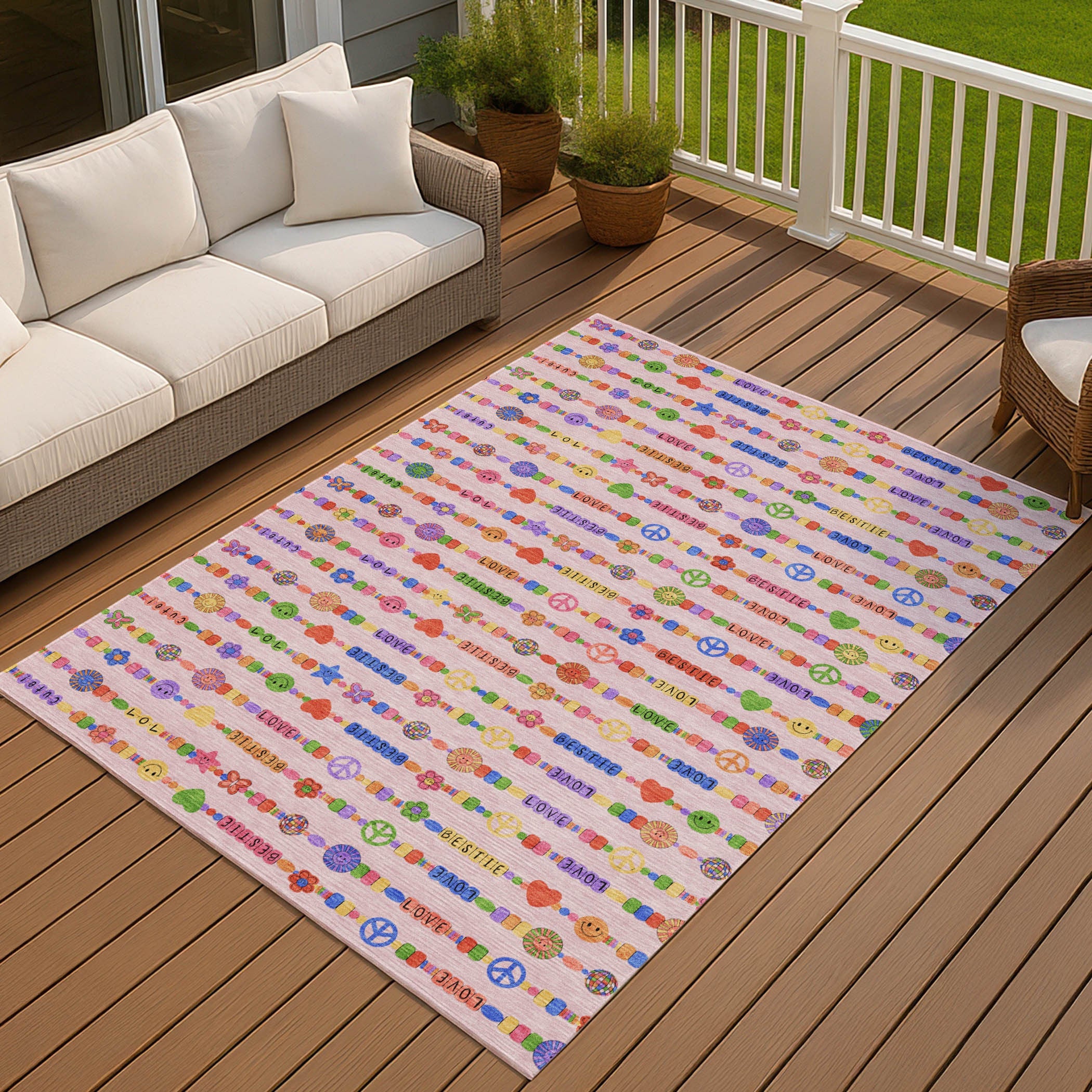 5' X 8' Pink And Fern Green Geometric Washable Indoor Outdoor Area Rug Homeroots Outdoor