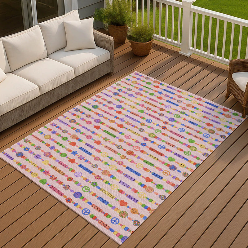 5' X 8' Pink And Fern Green Geometric Washable Indoor Outdoor Area Rug Homeroots Outdoor