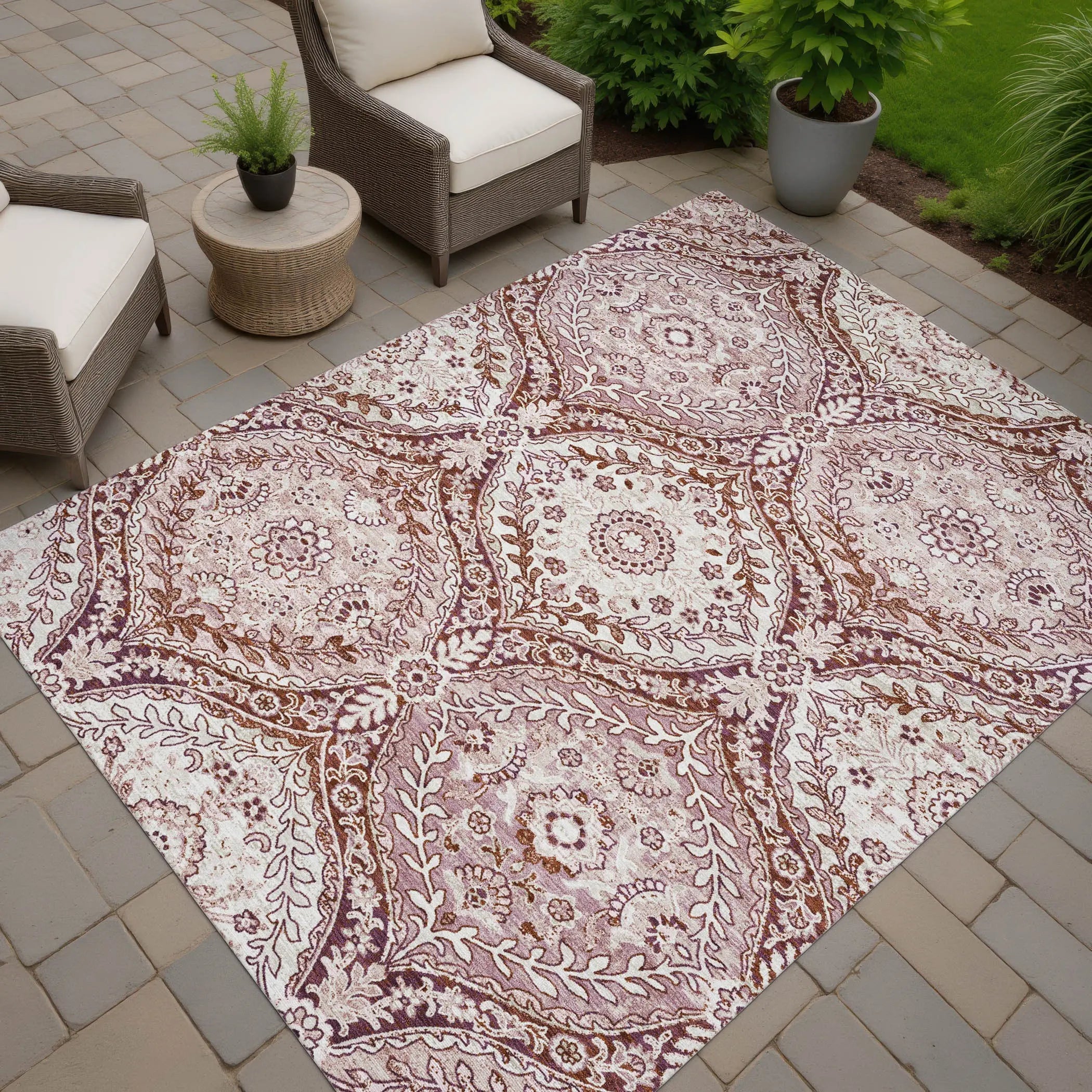 5' X 8' Pink And Green Ogee Washable Indoor Outdoor Area Rug Homeroots Outdoor