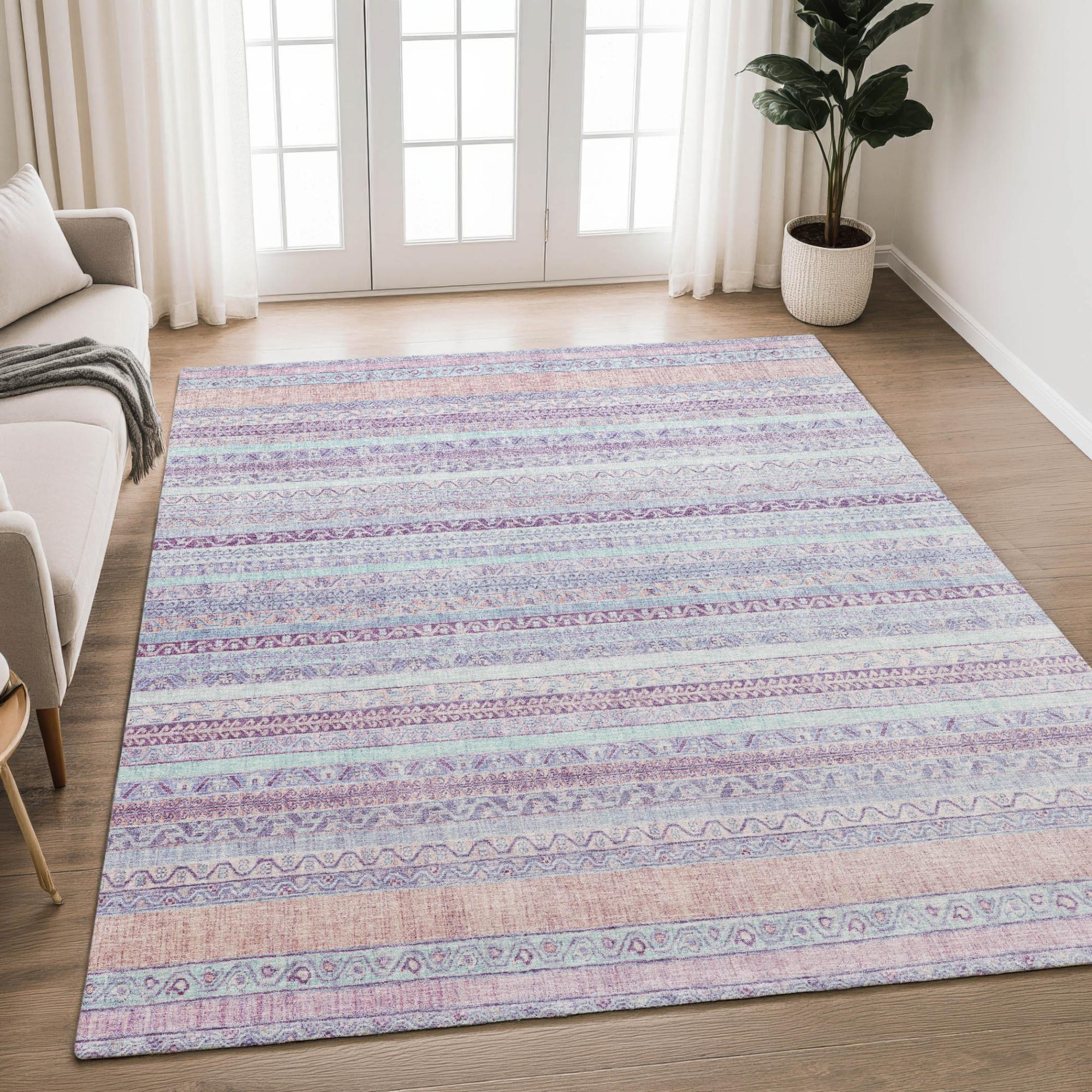 5' X 8' Pink And Lavender Striped Washable Indoor Outdoor Area Rug Homeroots Outdoor