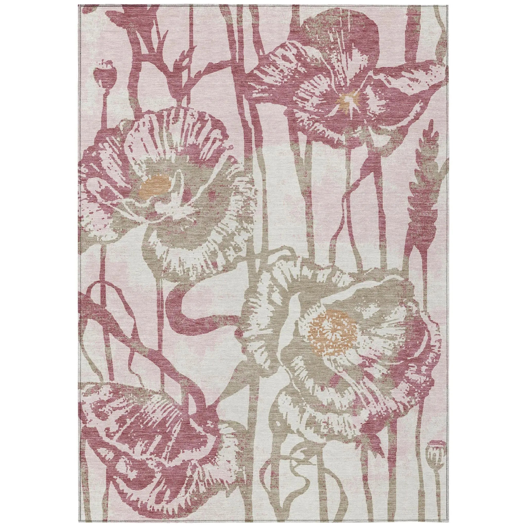 5' X 8' Pink And Linen Floral Washable Indoor Outdoor Area Rug Homeroots Outdoor