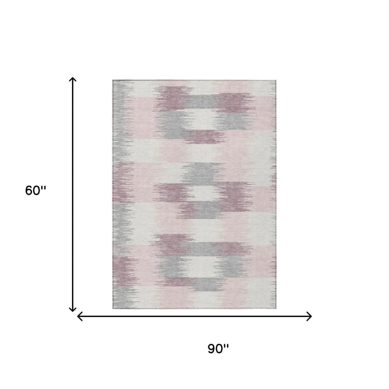 5' X 8' Pink And Linen Geometric Washable Indoor Outdoor Area Rug Homeroots Outdoor