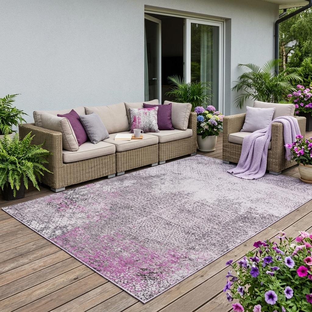 5' X 8' Pink And Pewter Abstract Washable Indoor Outdoor Area Rug Homeroots Outdoor