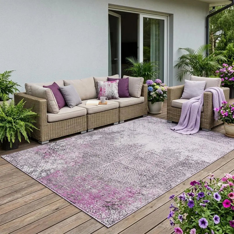 5' X 8' Pink And Pewter Abstract Washable Indoor Outdoor Area Rug Homeroots Outdoor