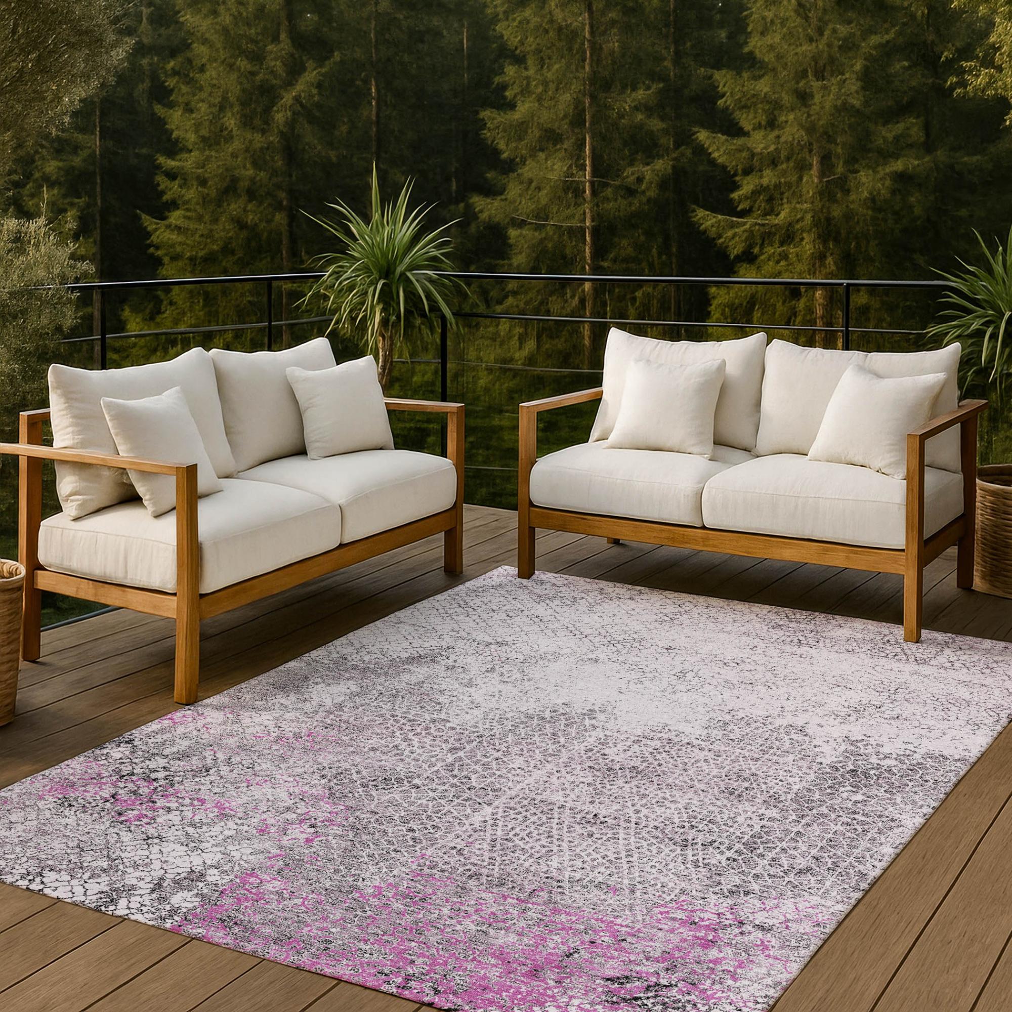 5' X 8' Pink And Pewter Abstract Washable Indoor Outdoor Area Rug Homeroots Outdoor