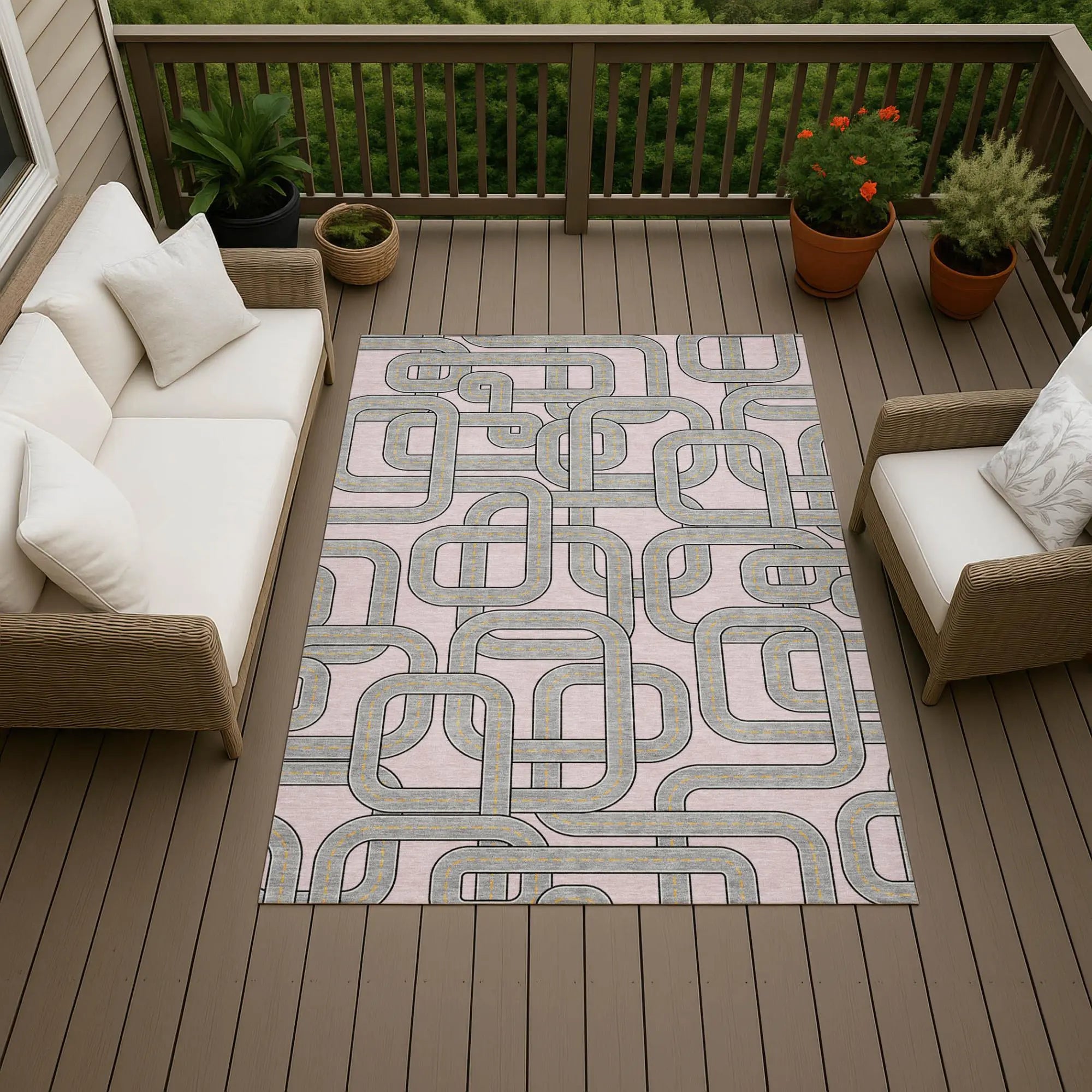 5' X 8' Pink And Pewter Geometric Washable Indoor Outdoor Area Rug Homeroots Outdoor