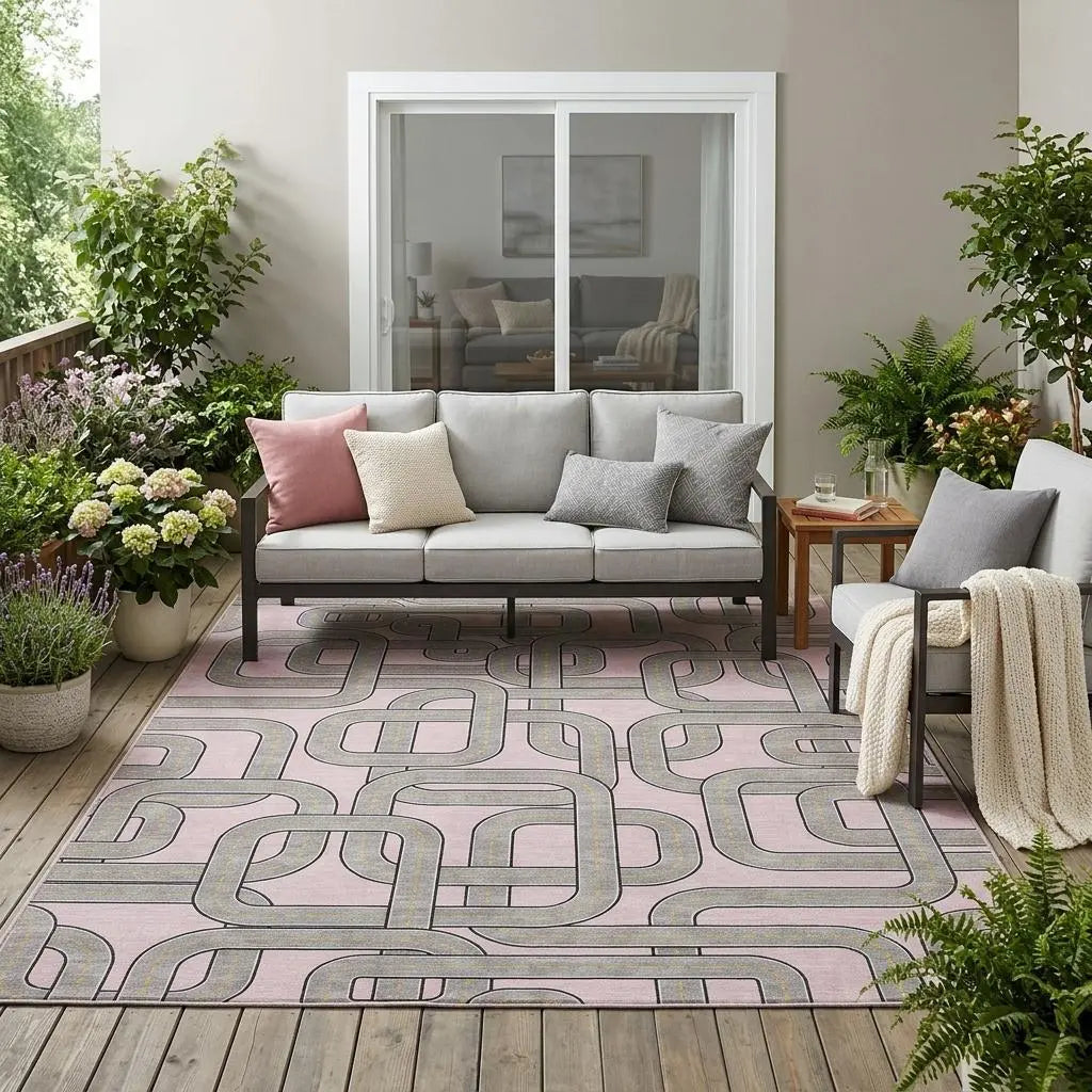 5' X 8' Pink And Pewter Geometric Washable Indoor Outdoor Area Rug Homeroots Outdoor