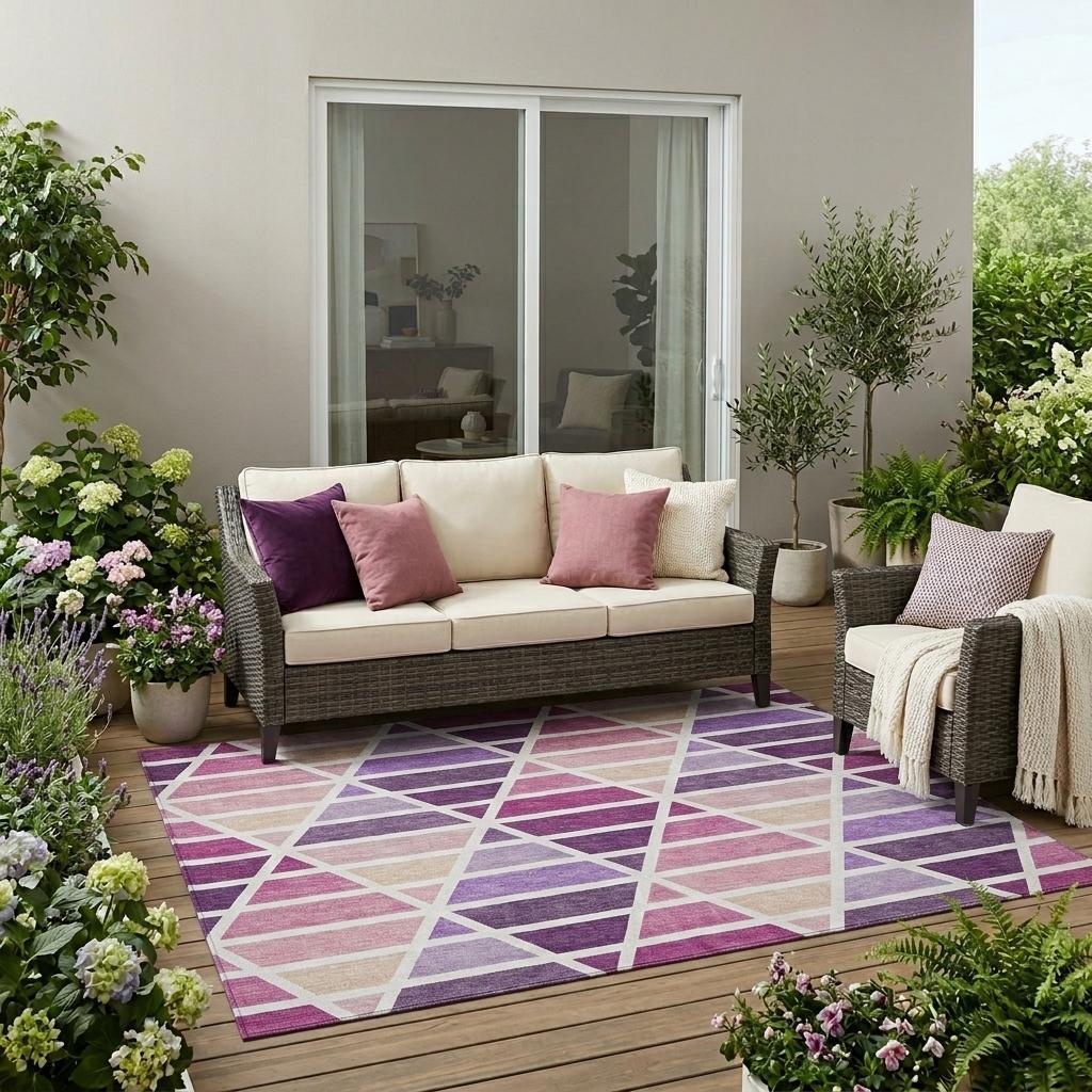 5' X 8' Pink And White Geometric Washable Indoor Outdoor Area Rug Homeroots Outdoor
