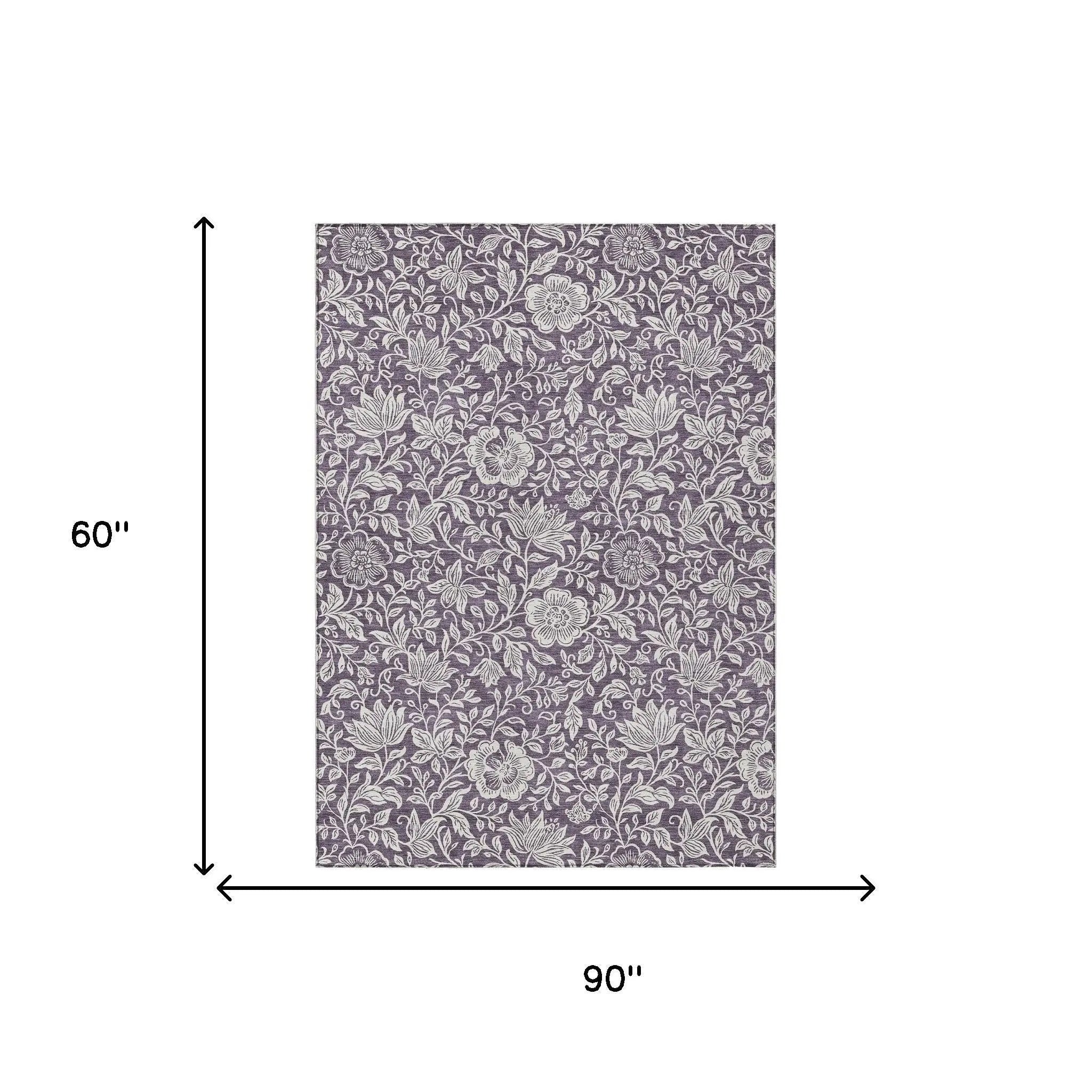 5' X 8' Plum And Ivory Floral Washable Indoor Outdoor Area Rug Homeroots Outdoor