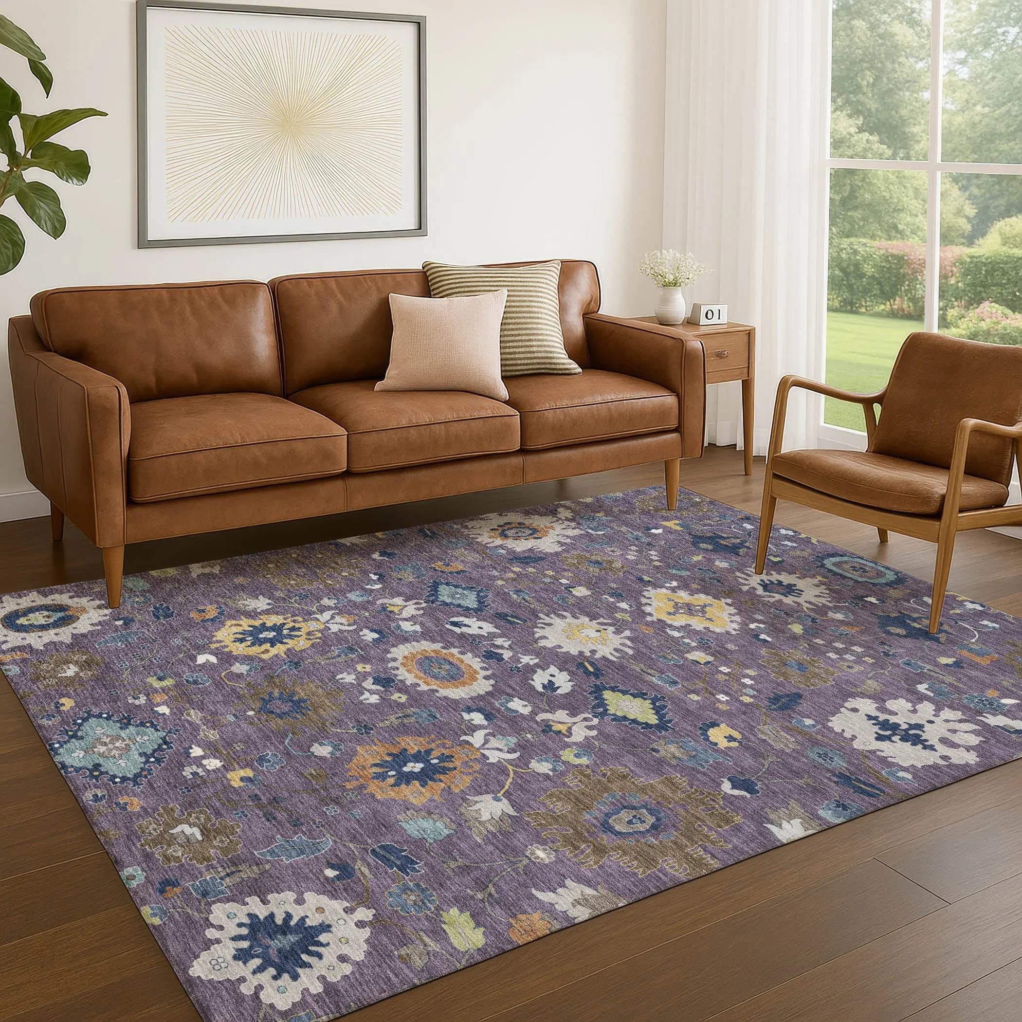 5' X 8' Plum And Navy Blue Floral Medallion Washable Indoor Outdoor Area Rug Homeroots Outdoor