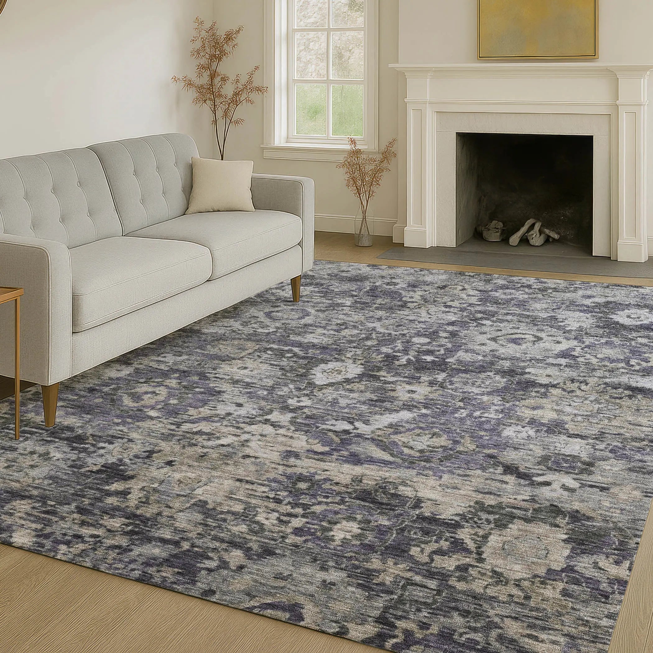 5' X 8' Purple And Gray Floral Washable Indoor Outdoor Area Rug Homeroots Outdoor