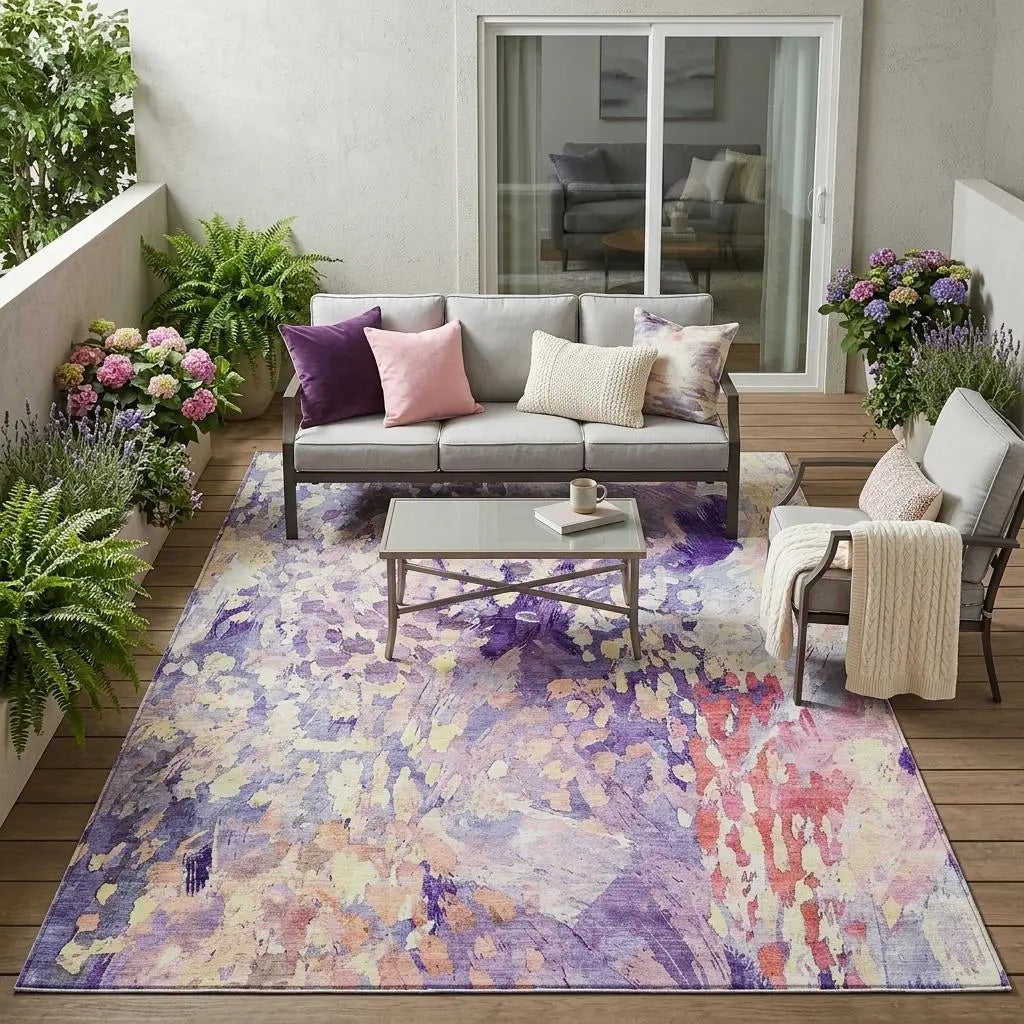 5' X 8' Purple And Lavender Abstract Washable Indoor Outdoor Area Rug Homeroots Outdoor