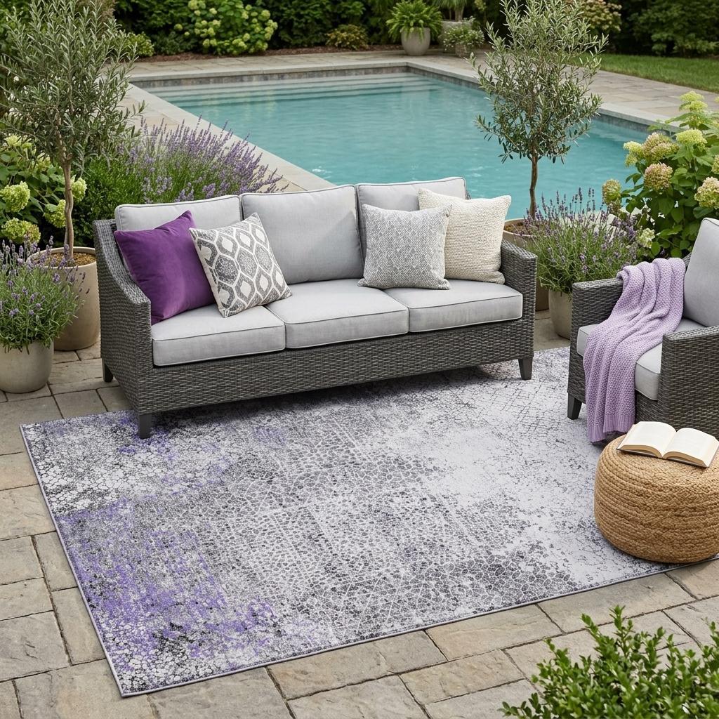 5' X 8' Purple And Pewter Abstract Washable Indoor Outdoor Area Rug Homeroots Outdoor