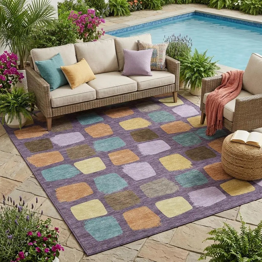 5' X 8' Purple And Plum Geometric Washable Indoor Outdoor Area Rug Homeroots Outdoor