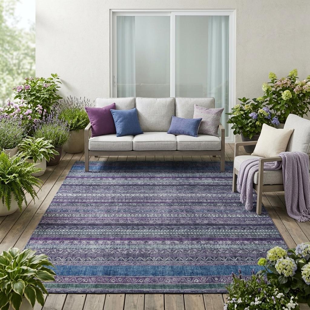 5' X 8' Purple And Plum Striped Washable Indoor Outdoor Area Rug Homeroots Outdoor