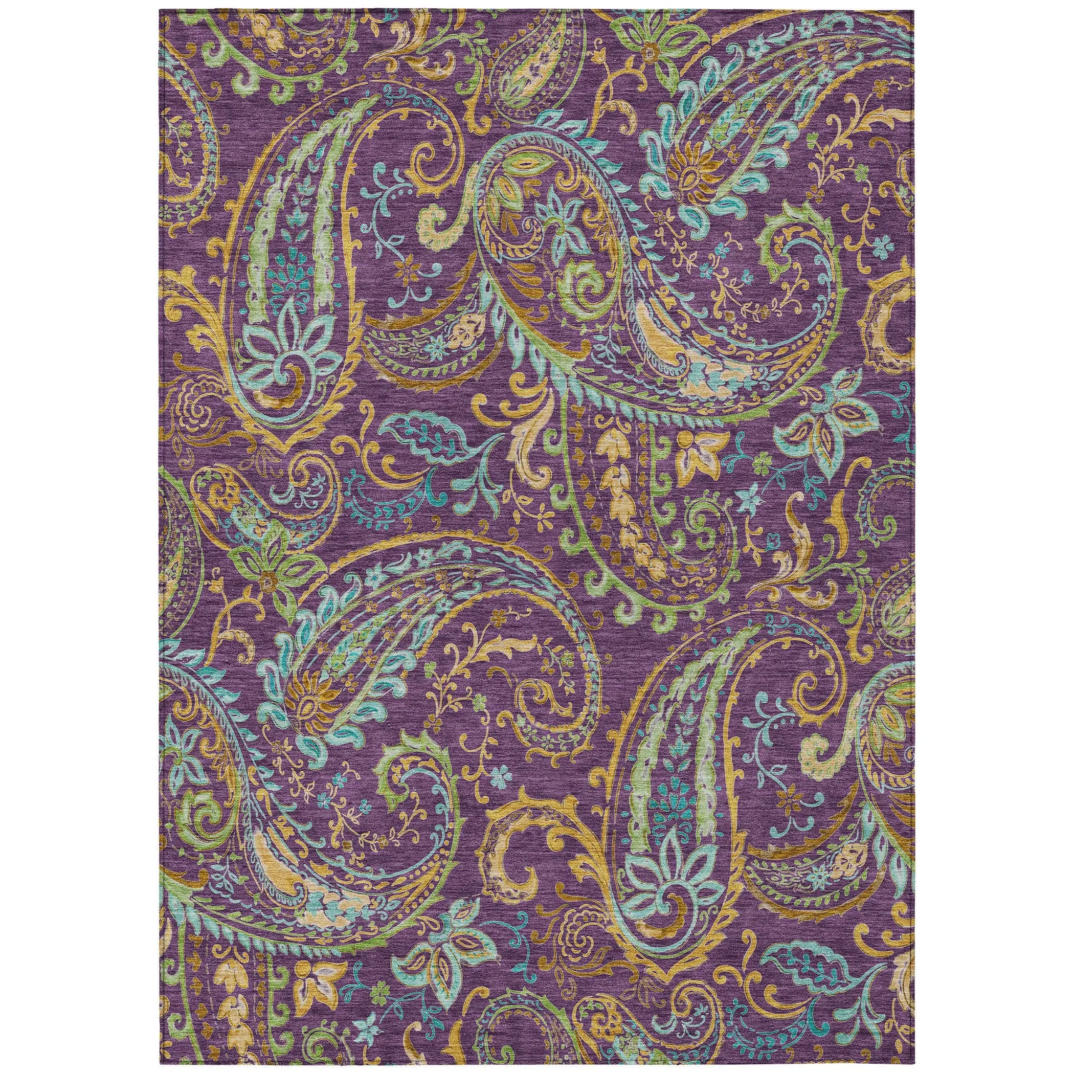 5' X 8' Purple Turquoise and Gold Paisley Washable Non Skid Indoor Outdoor Area Rug - GreatEagleInc