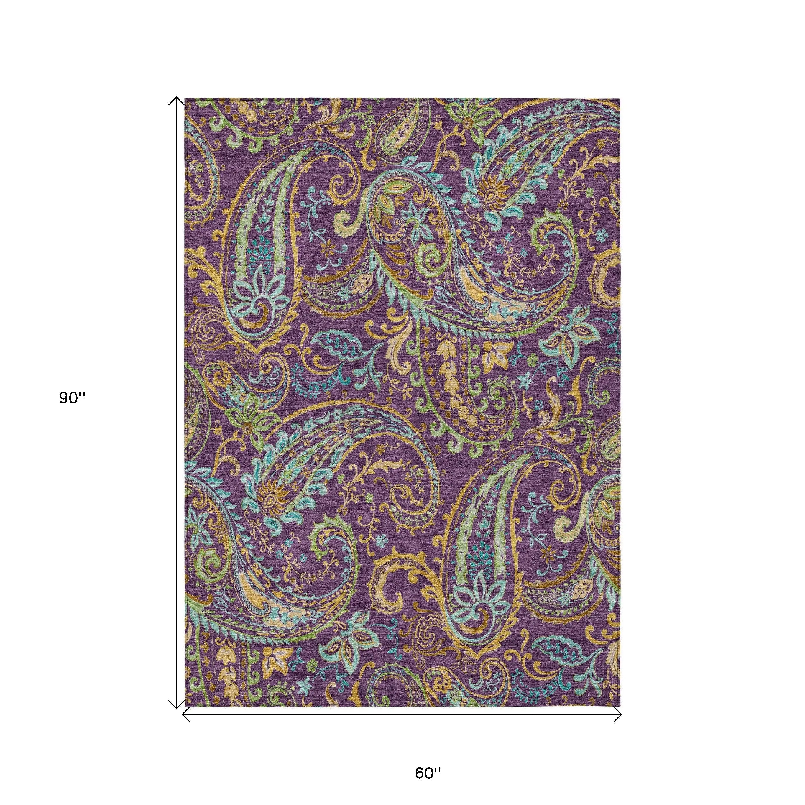 5' X 8' Purple Turquoise and Gold Paisley Washable Non Skid Indoor Outdoor Area Rug - GreatEagleInc
