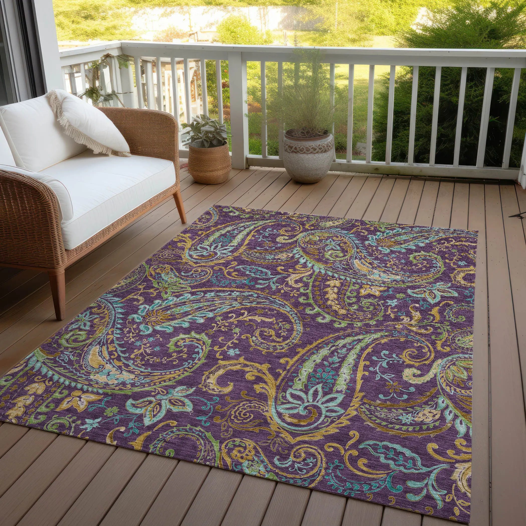 5' X 8' Purple Turquoise and Gold Paisley Washable Non Skid Indoor Outdoor Area Rug - GreatEagleInc