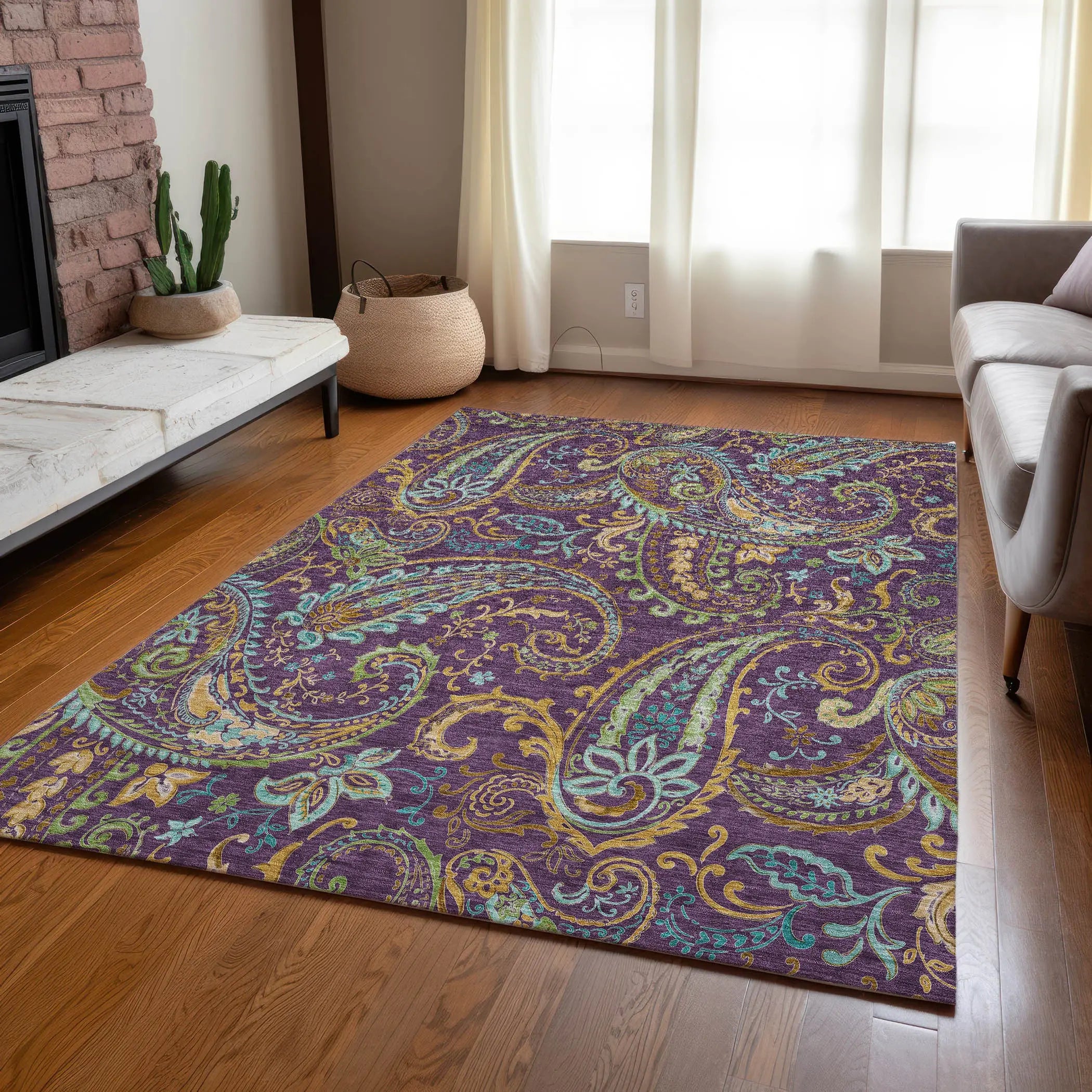 5' X 8' Purple Turquoise and Gold Paisley Washable Non Skid Indoor Outdoor Area Rug - GreatEagleInc