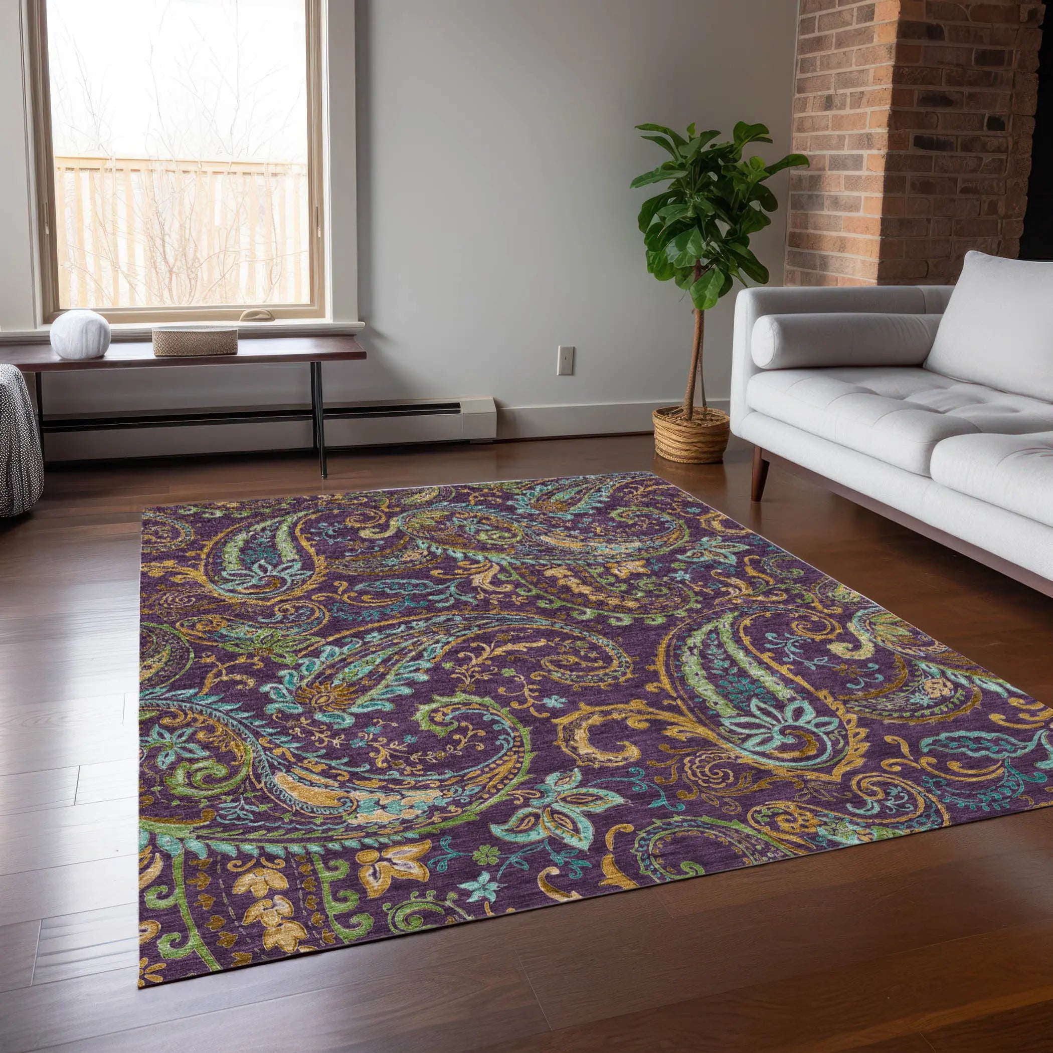 5' X 8' Purple Turquoise and Gold Paisley Washable Non Skid Indoor Outdoor Area Rug - GreatEagleInc
