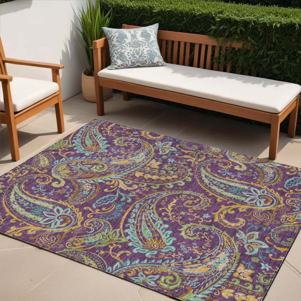 5' X 8' Purple Turquoise and Gold Paisley Washable Non Skid Indoor Outdoor Area Rug - GreatEagleInc