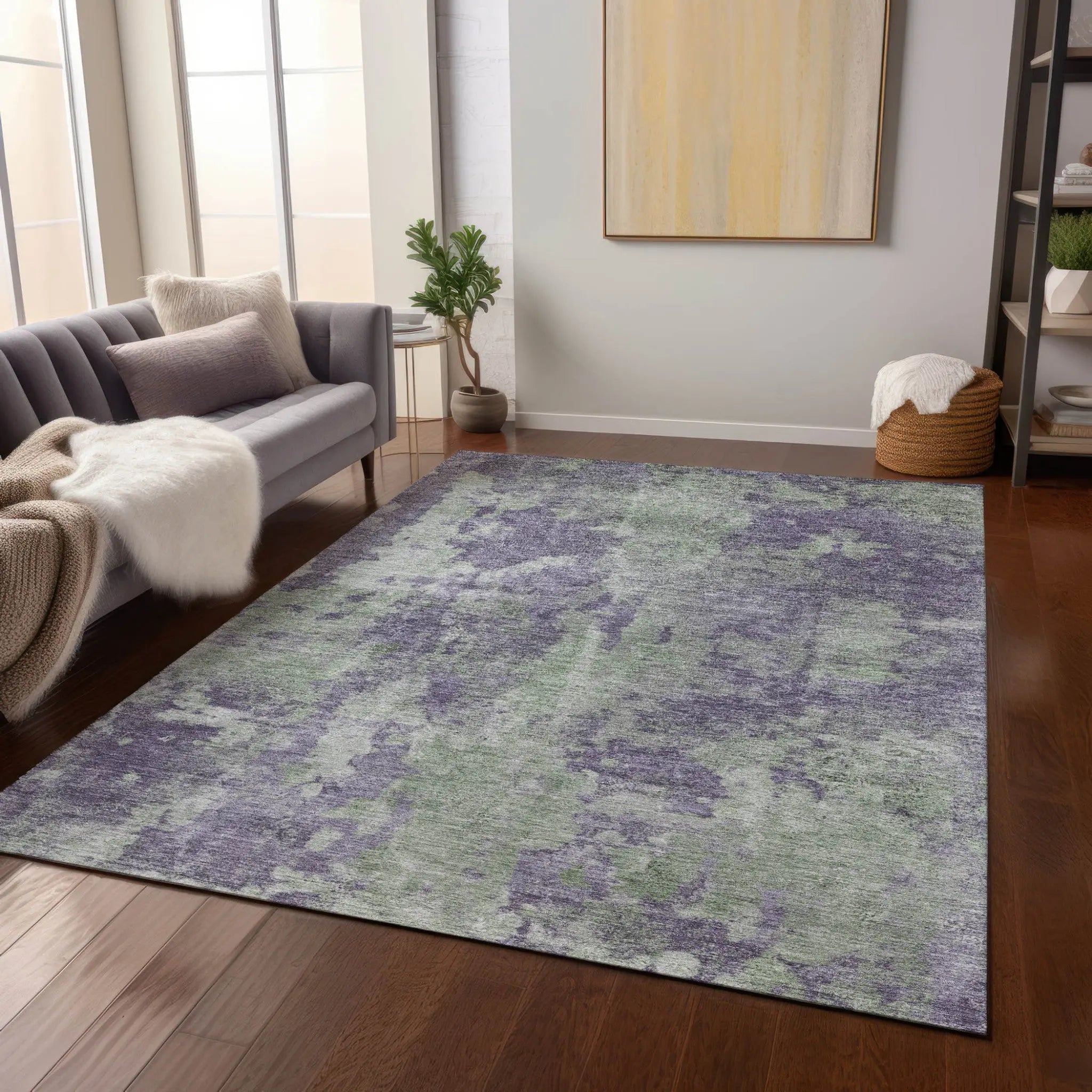 5' X 8' Purple and Green Abstract Washable Non Skid Indoor Outdoor Area Rug Homeroots Outdoor
