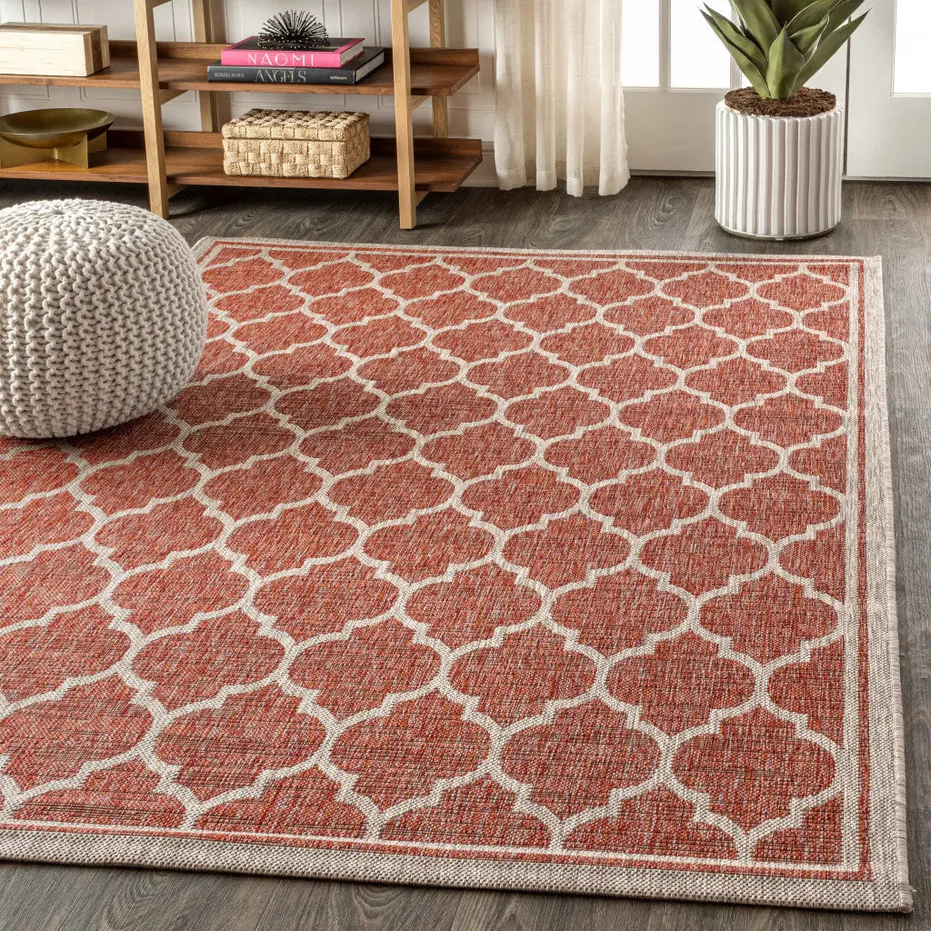 5' X 8' Red And Beige Geometric Indoor Outdoor Area Rug Homeroots Outdoor