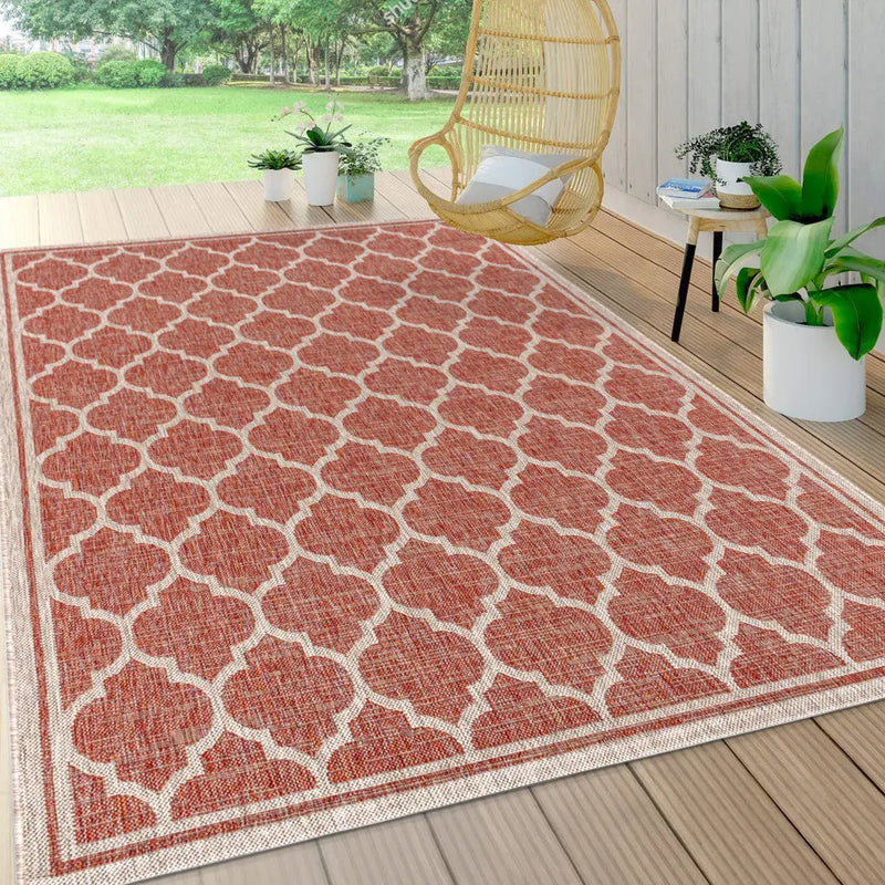 5' X 8' Red And Beige Geometric Indoor Outdoor Area Rug Homeroots Outdoor