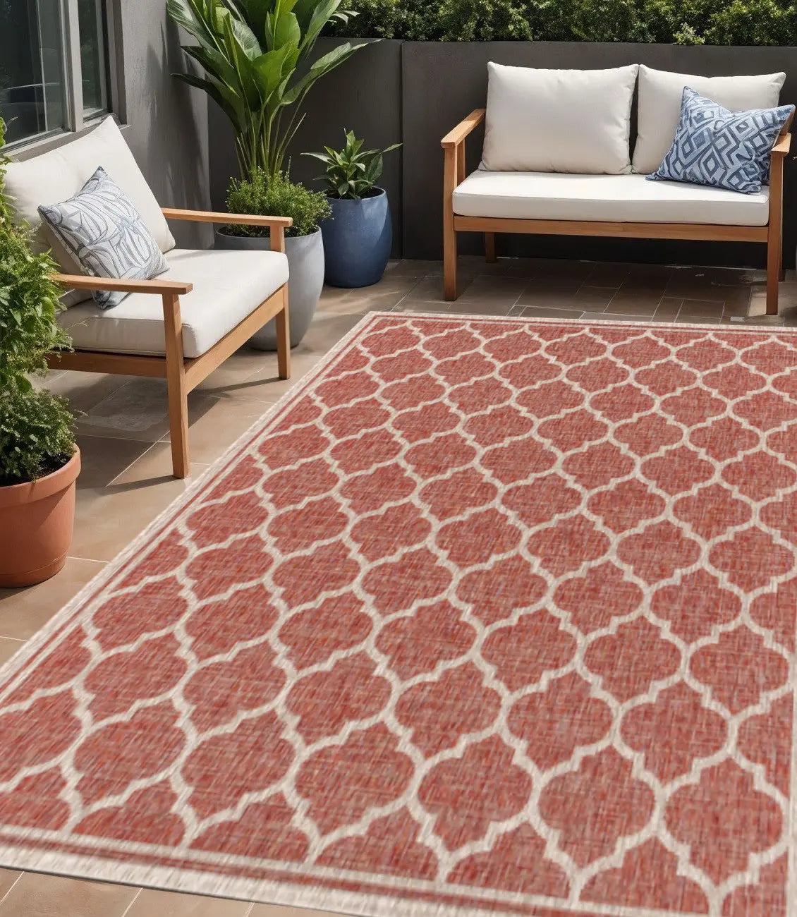 5' X 8' Red And Beige Geometric Indoor Outdoor Area Rug Homeroots Outdoor